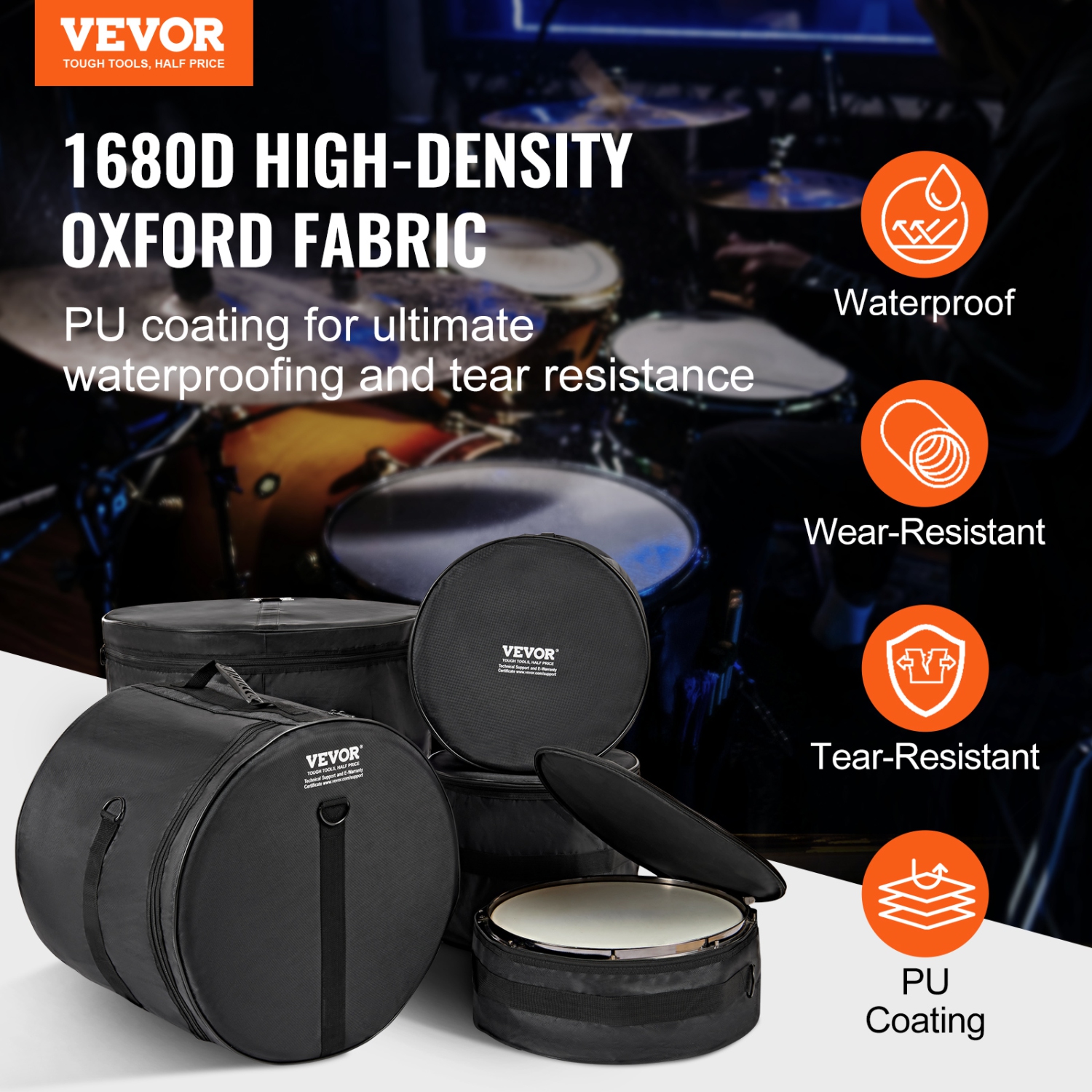 VEVOR 5-Piece Drum Bag Kit, Durable 1680D Oxford Material, Cushioned Cases with 1.5m Shoulder Strap and Carry Handles, Collapsible, Fits 22'' Bass,