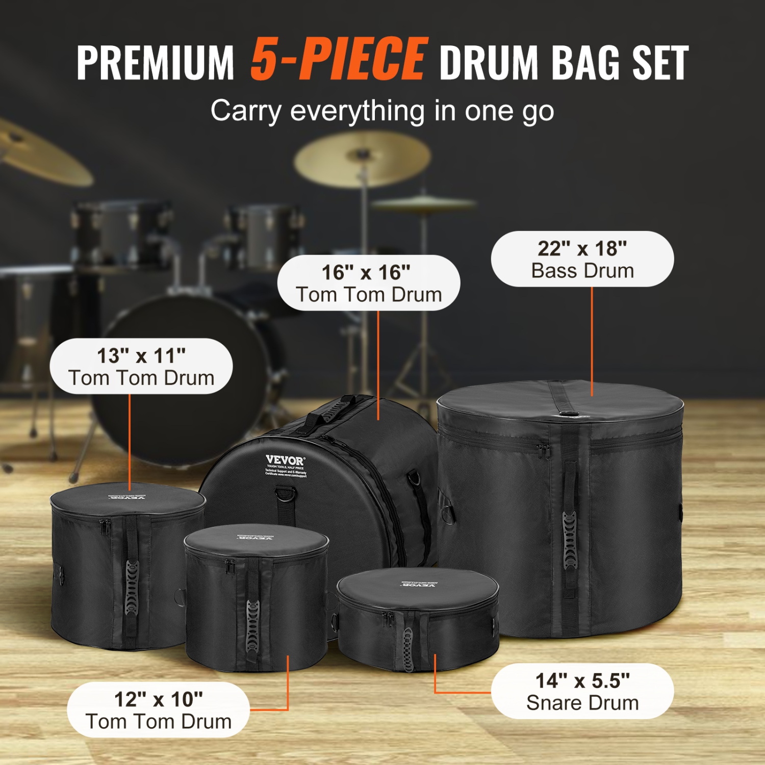 VEVOR 5-Piece Drum Bag Kit, Durable 1680D Oxford Material, Cushioned Cases with 1.5m Shoulder Strap and Carry Handles, Collapsible, Fits 22'' Bass,