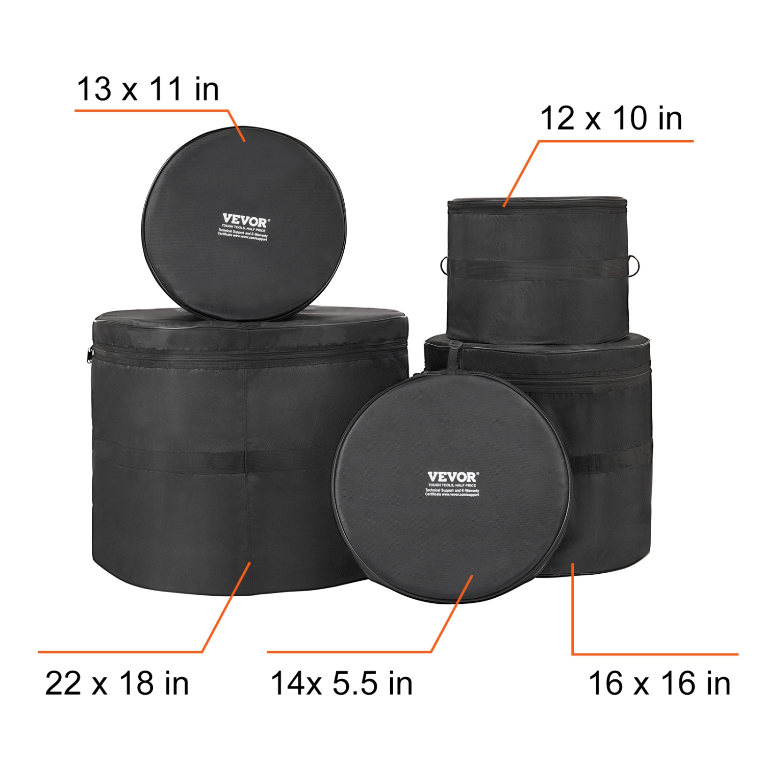 VEVOR 5-Piece Drum Bag Kit, Durable 1680D Oxford Material, Cushioned Cases with 1.5m Shoulder Strap and Carry Handles, Collapsible, Fits 22'' Bass,