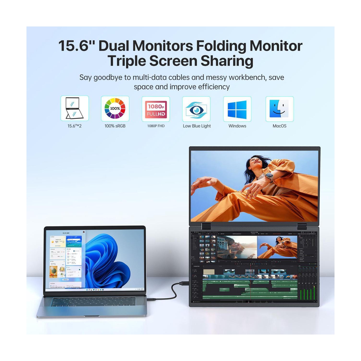 UPERFECT Delta 15.6" Dual Monitor 1080P HDR, 360° Foldable Portable Laptop Screen Extender with Stand for Laptop, PC, Phone, and Game Console