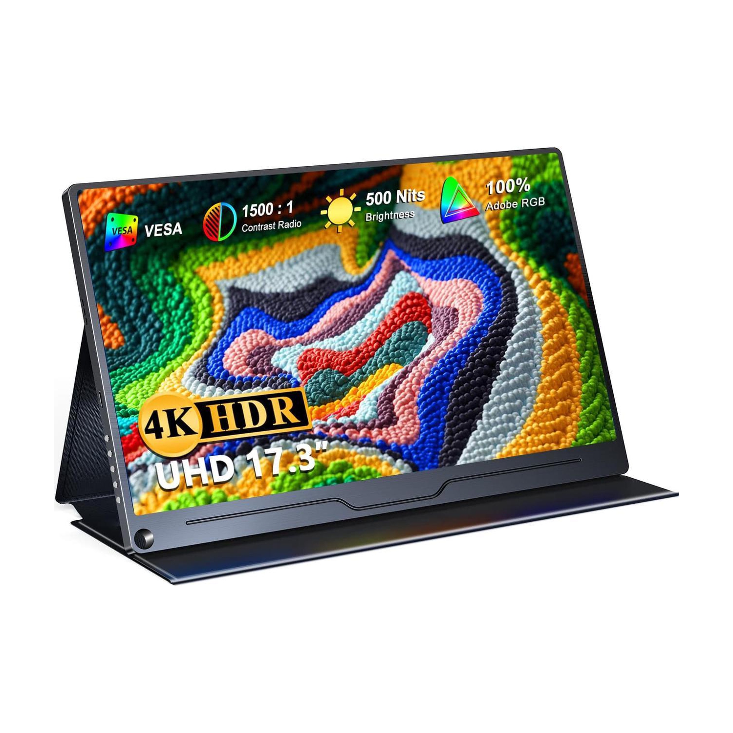 UPERFECT Portable Monitor 4K, 17.3'' UHD FreeSync 100% Adobe RGB 500 Nits Brightness HDR IPS 2 Speakers Eye Care Game Display Type-C DP HDMI for Xbox PS4 Switch Laptop