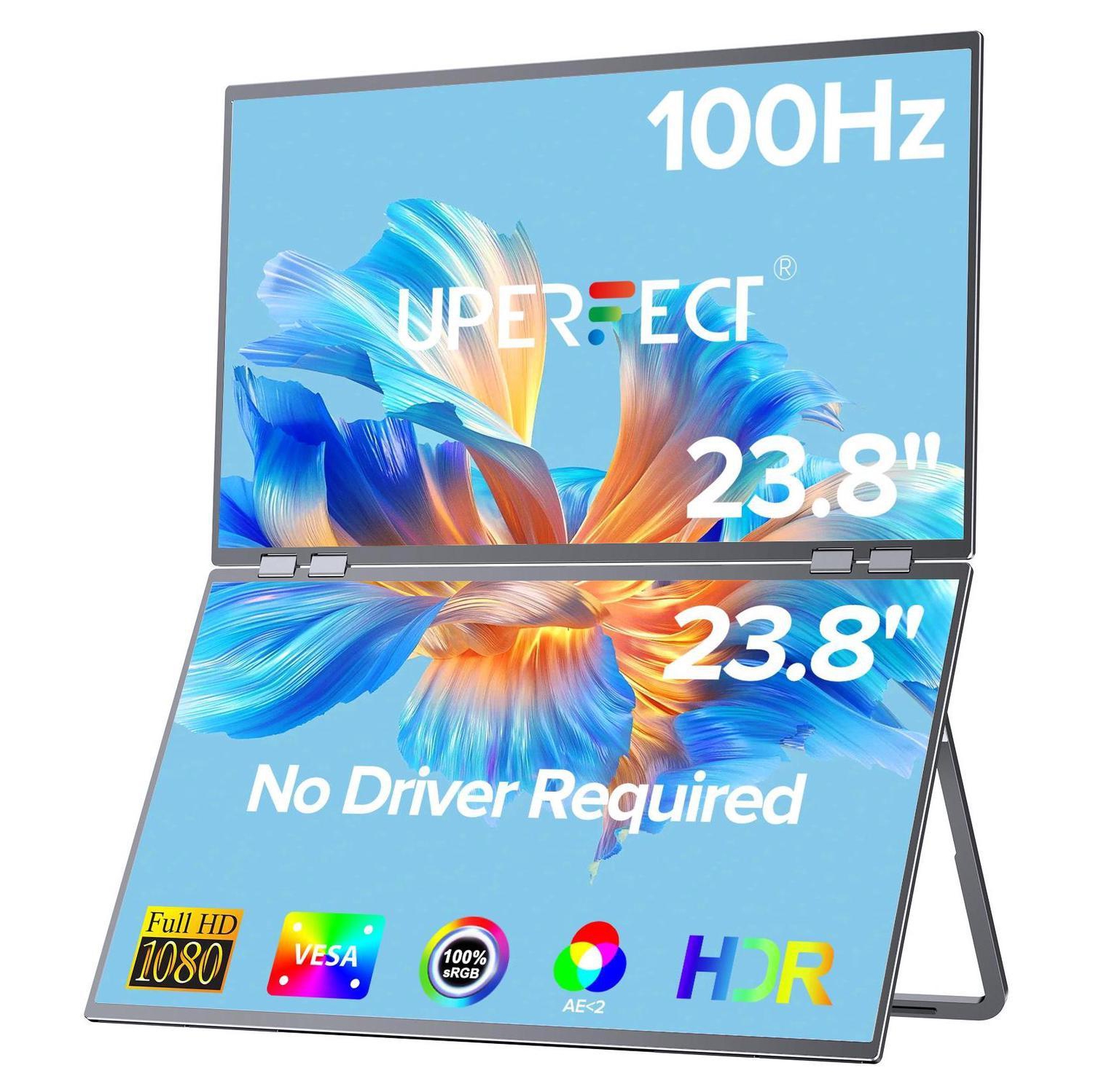 UPERFECT Delta 23.8" 100Hz Dual Monitor Portable Screen Extender with 1080P HDR, 360° Folding, VESA Mount for Laptop, PC, Phone, Game Console