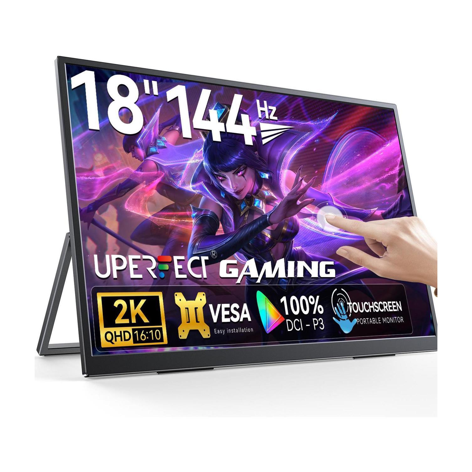 UPERFECT 18" 2K 144Hz Portable Touchscreen Gaming Monitor - QHD 2560x1600, 100% DCI-P3, FreeSync, HDR, VESA, Slim Frameless, for PC, Laptop, Console,