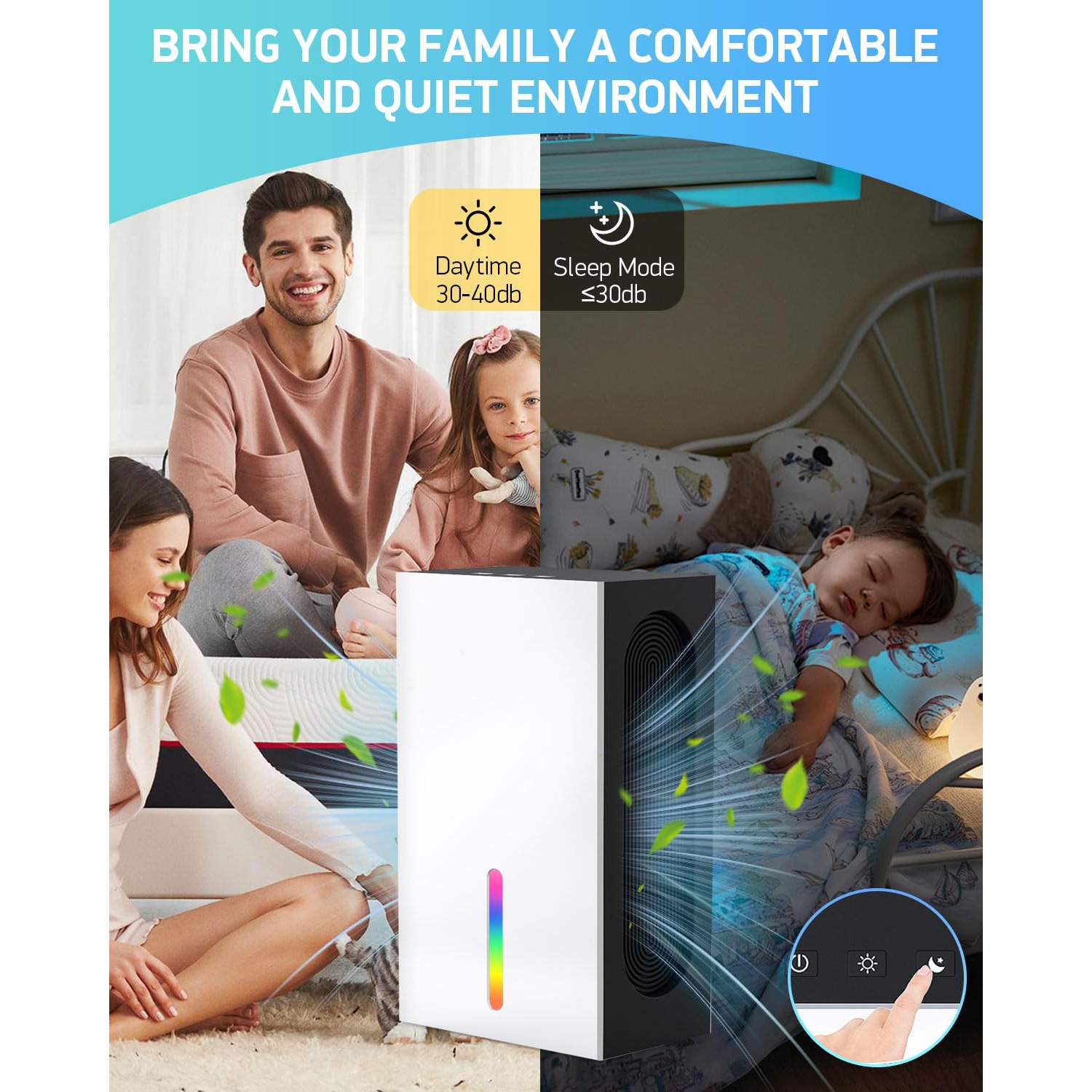 Home Dehumidifier with Drain Hose, Day & Sleep Modes, Auto Shut-Off, LED Light, Ideal for Bedrooms, Bathrooms, RVs, and Basements