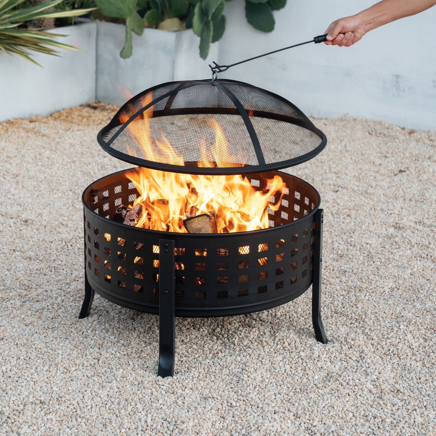 Deko Living 27 Inch Round Outdoor Steel Wood Burning Fire Pit with Cooking Grill and Spark Screen