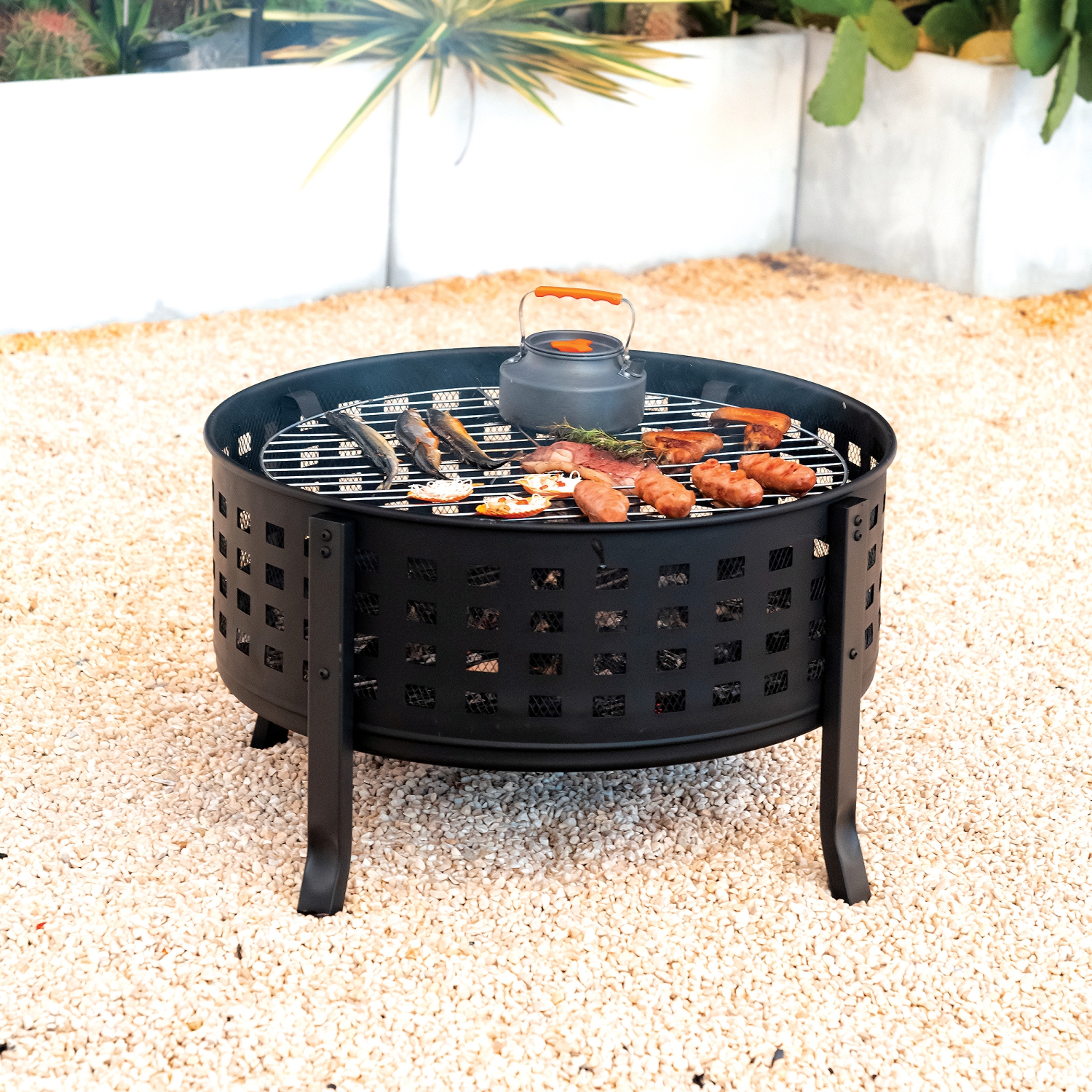 Deko Living 27 Inch Round Outdoor Steel Wood Burning Fire Pit with Cooking Grill and Spark Screen