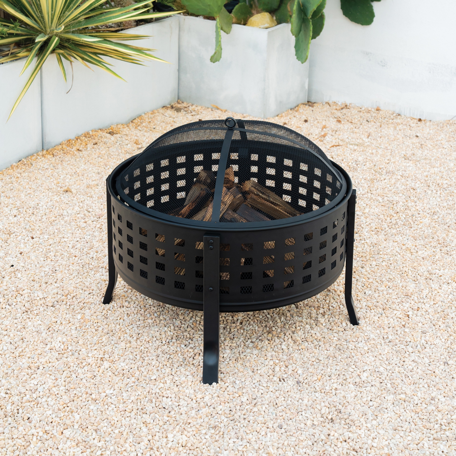 Deko Living 27 Inch Round Outdoor Steel Wood Burning Fire Pit with Cooking Grill and Spark Screen
