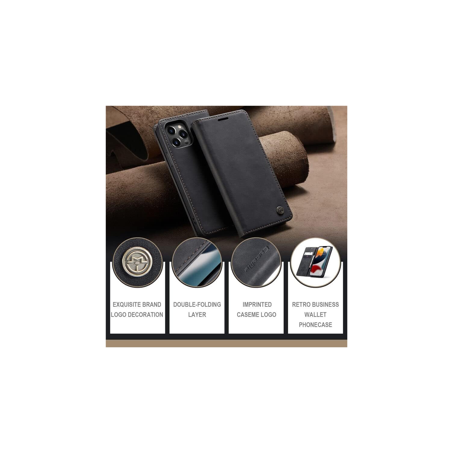 SUPER AFFAIRE - Étui portefeuille anti-chute rétro en cuir fait à la main de CaseMe Étui portefeuille avec fente pour carte pour iPhone 13