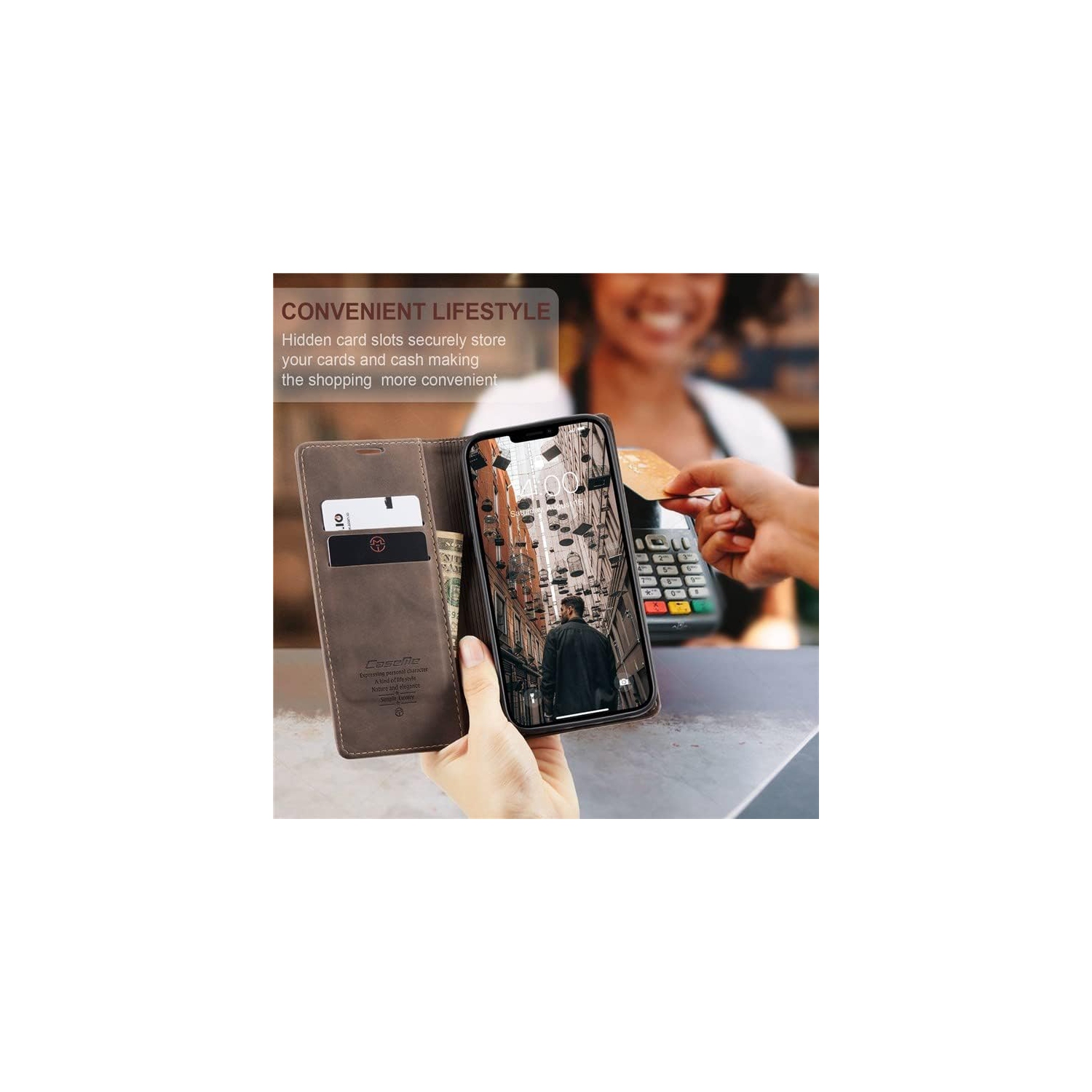 SUPER AFFAIRE - Étui portefeuille anti-chute rétro en cuir fait à la main de CaseMe Étui portefeuille avec fente pour carte pour iPhone 15 PRO