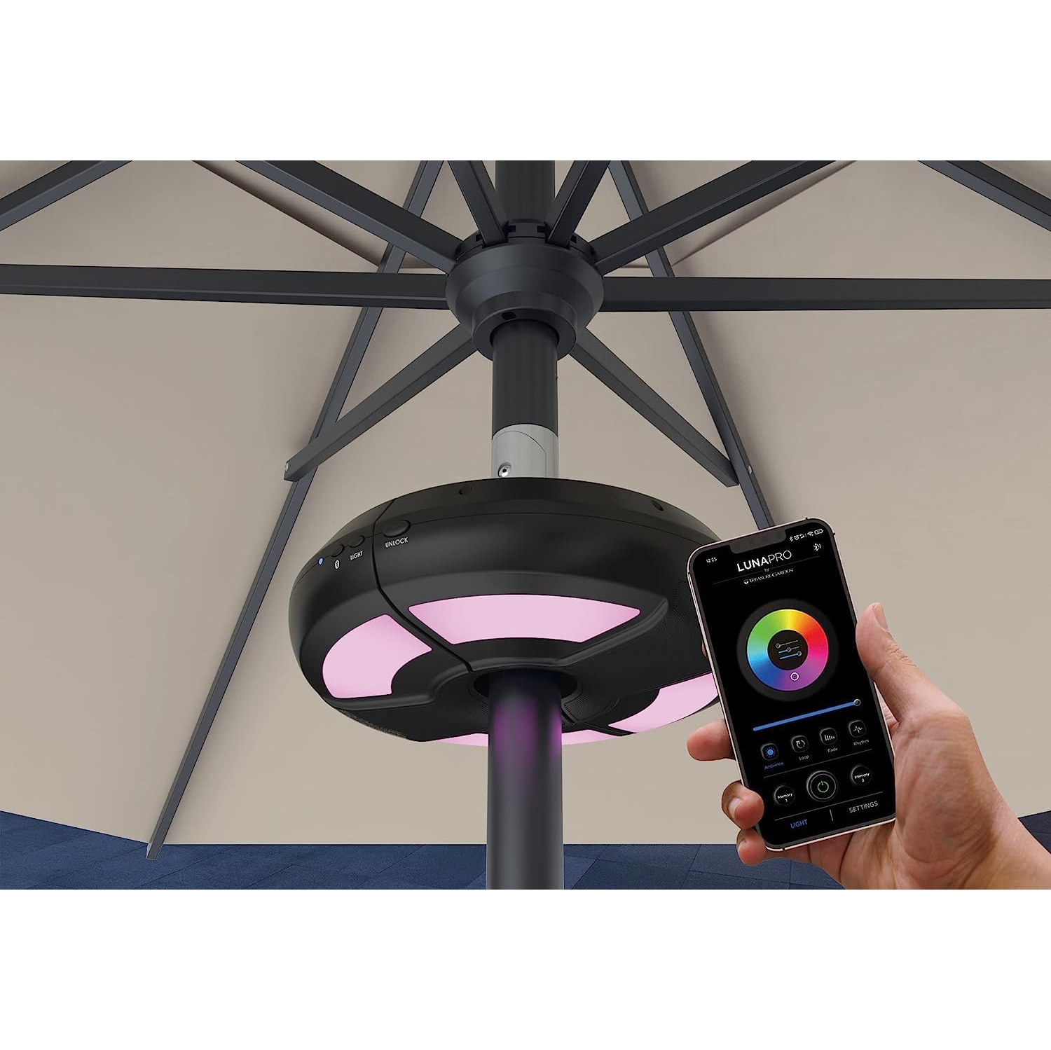 Treasure Garden - Luna Pro Multicolor Umbrella Light w/Bluetooth Speaker - Black