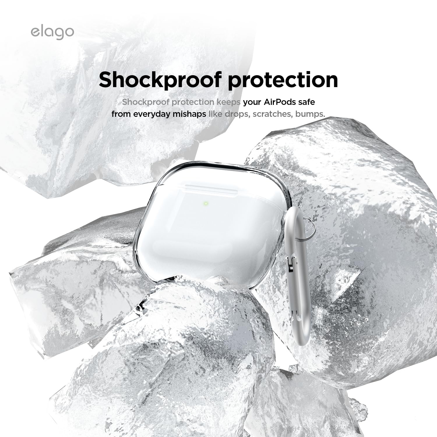Étui transparent Elago compatible avec les AirPods 4 - Mousqueton inclus, jaunissement réduit, chargement sans fil, résistance aux chocs, protection