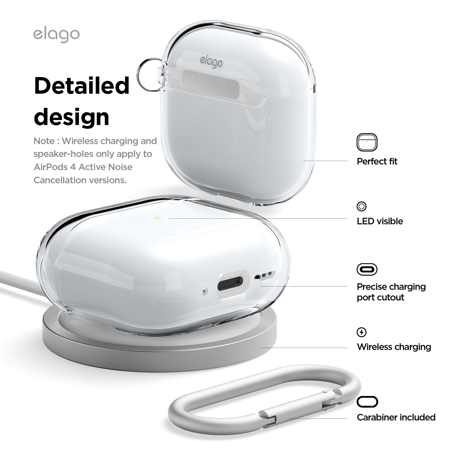 Étui transparent Elago compatible avec les AirPods 4 - Mousqueton inclus, jaunissement réduit, chargement sans fil, résistance aux chocs, protection