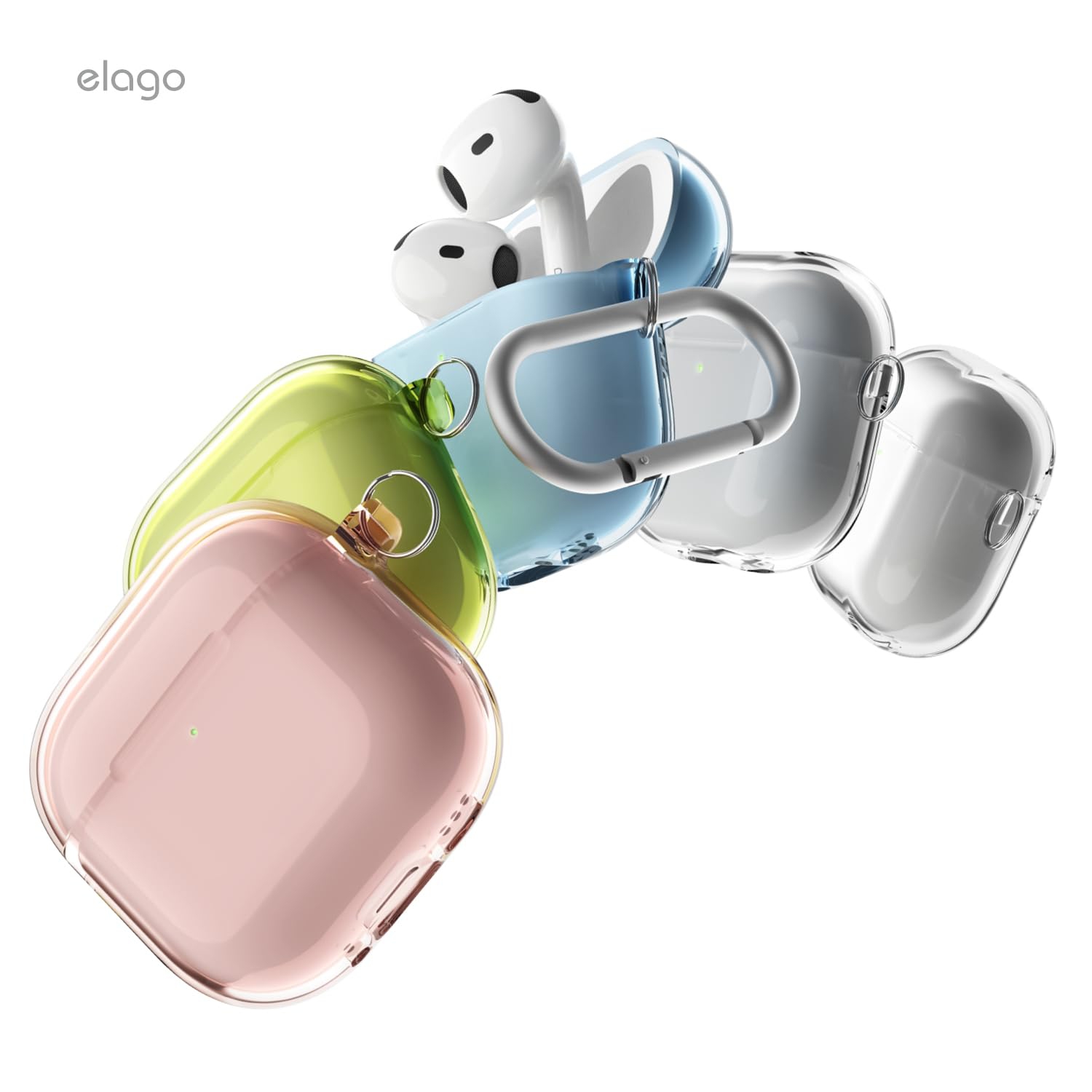 Étui transparent Elago compatible avec les AirPods 4 - Mousqueton inclus, jaunissement réduit, chargement sans fil, résistance aux chocs, protection