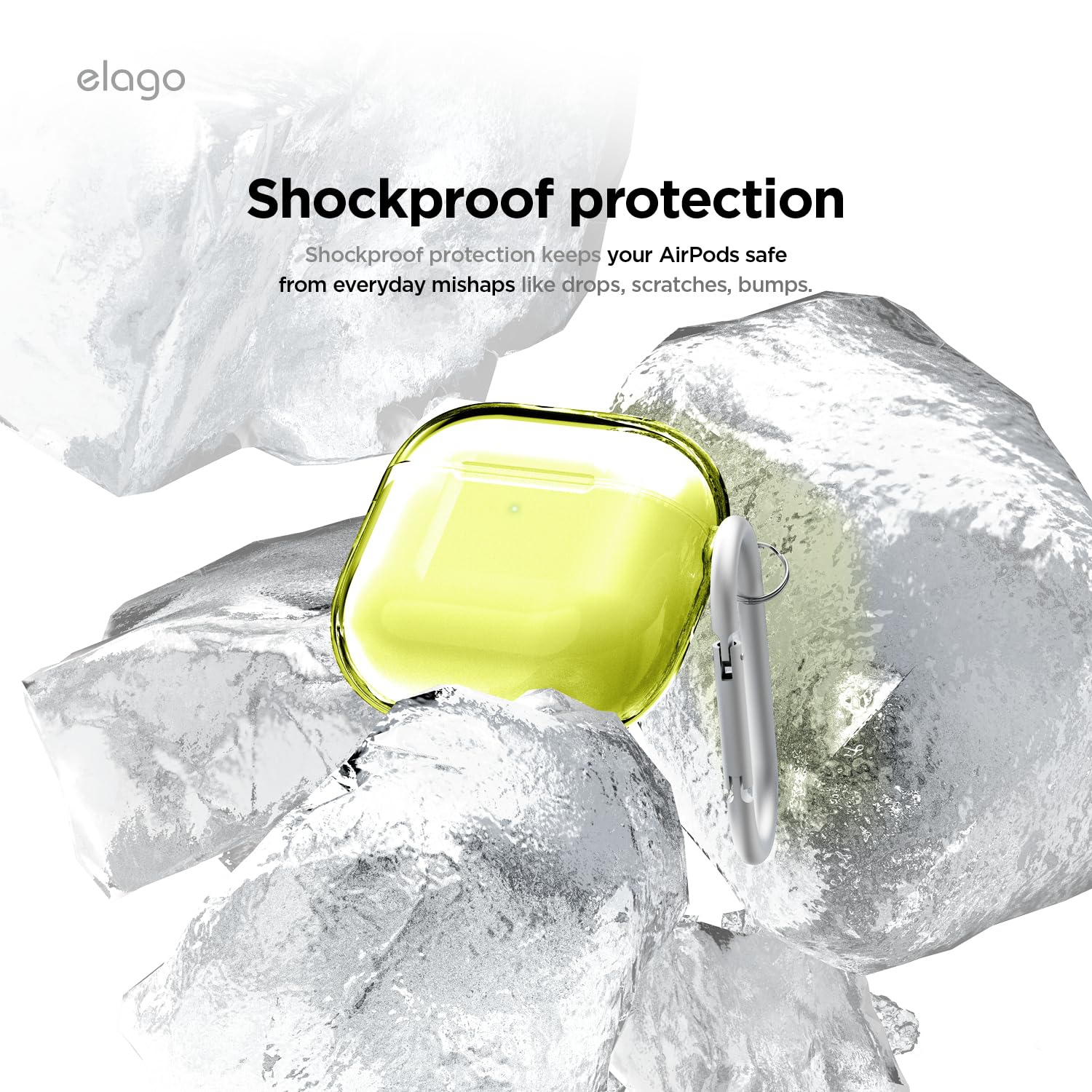 Étui transparent Elago compatible avec les AirPods 4 - Mousqueton inclus, jaunissement réduit, chargement sans fil, résistance aux chocs, protection