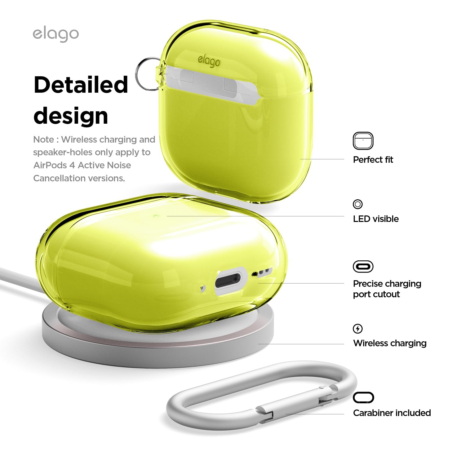 Étui transparent Elago compatible avec les AirPods 4 - Mousqueton inclus, jaunissement réduit, chargement sans fil, résistance aux chocs, protection
