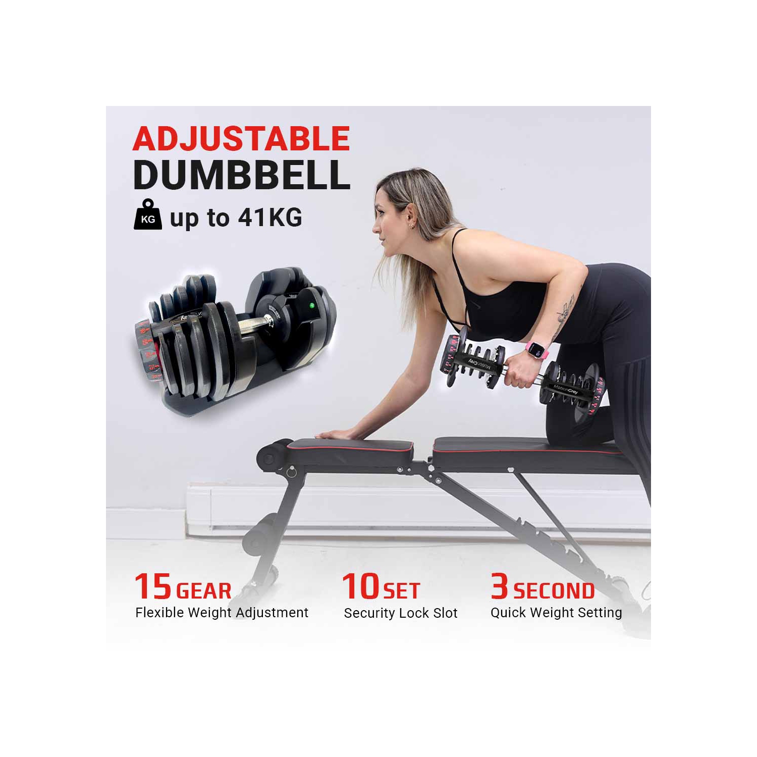 MotionGrey Adjustable Dumbbell 10 to 90 LB, Free High Strength Hand Grip Included 15 Adjustable Weight Settings Dumb Bell Barbell, Anti-slip Metal