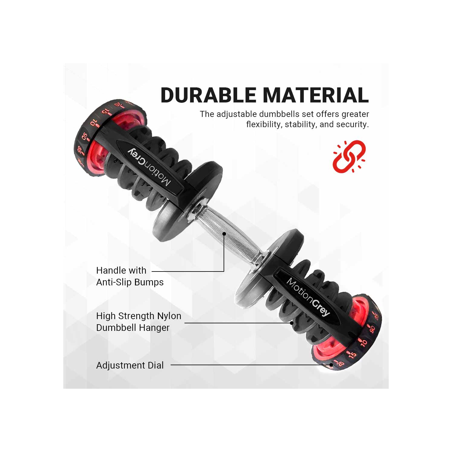 MotionGrey Adjustable Dumbbell 10 to 90 LB, Free High Strength Hand Grip Included 15 Adjustable Weight Settings Dumb Bell Barbell, Anti-slip Metal