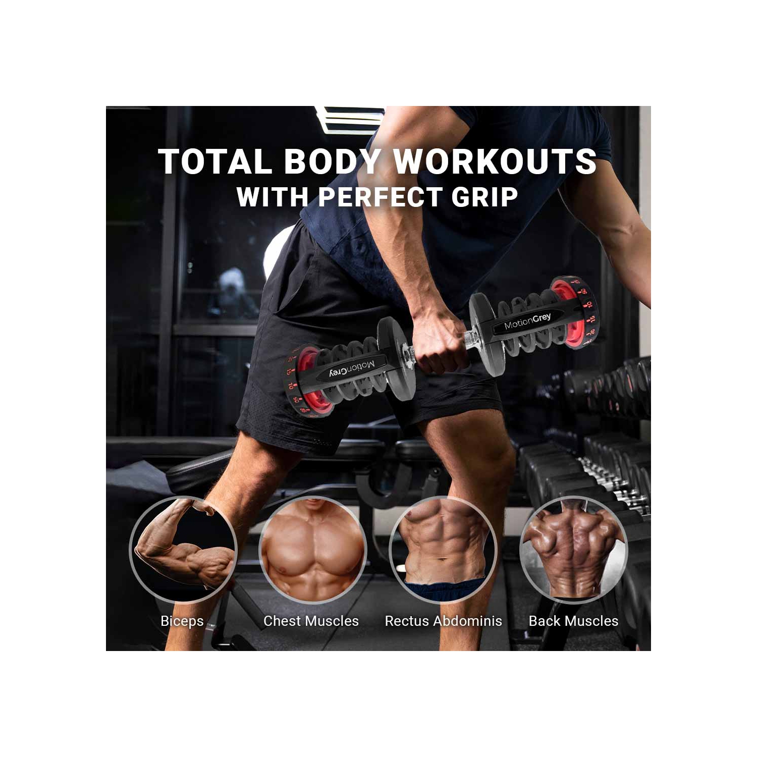 MotionGrey Adjustable Dumbbell 10 to 90 LB, Free High Strength Hand Grip Included 15 Adjustable Weight Settings Dumb Bell Barbell, Anti-slip Metal