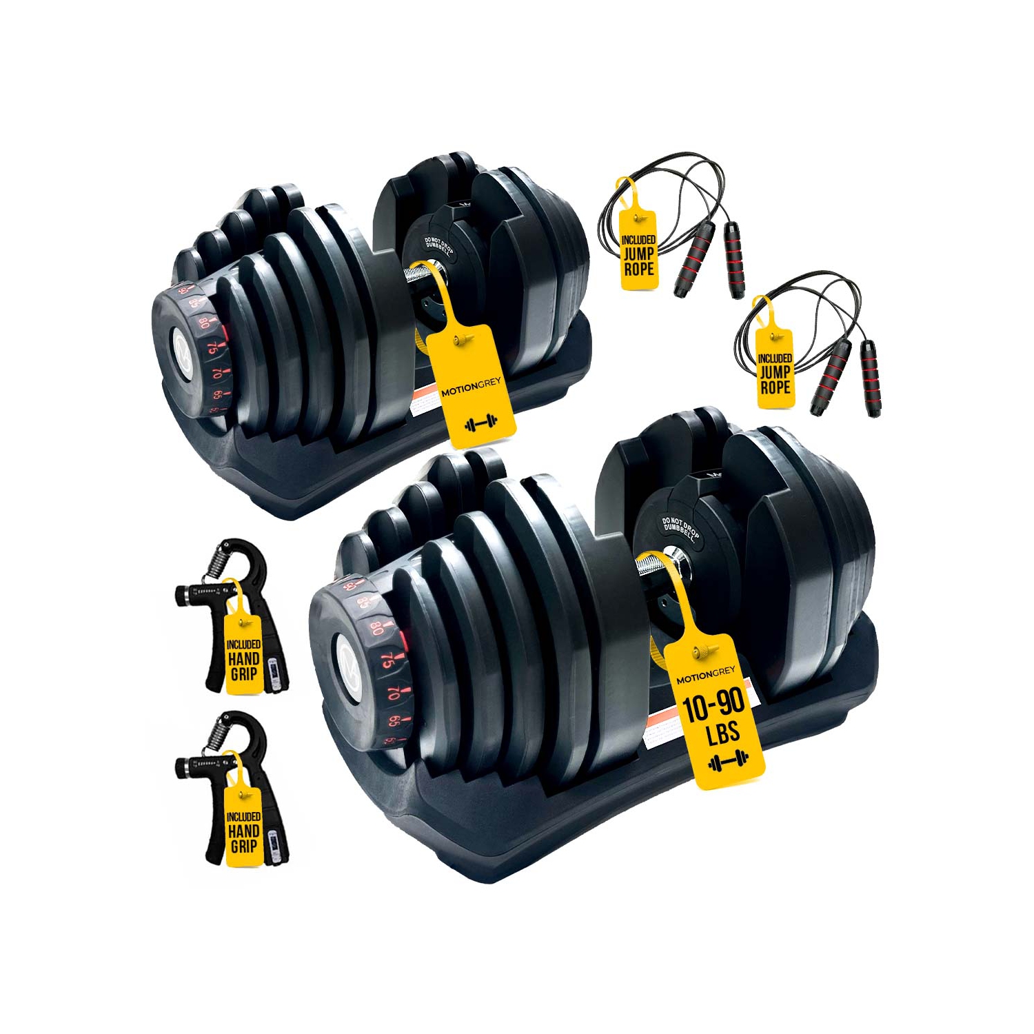 Haltères ajustables de MotionGrey de 10 à 90 lb, prise mains libres à haute résistance incluse avec 15 haltères ajustables avec réglages de poids,