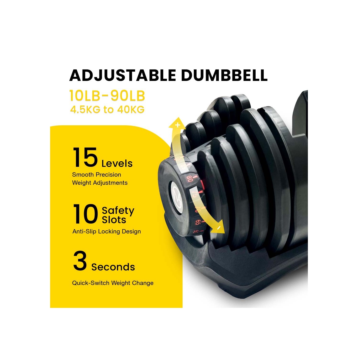 Haltères ajustables de MotionGrey de 10 à 90 lb, prise mains libres à haute résistance incluse avec 15 haltères ajustables avec réglages de poids,