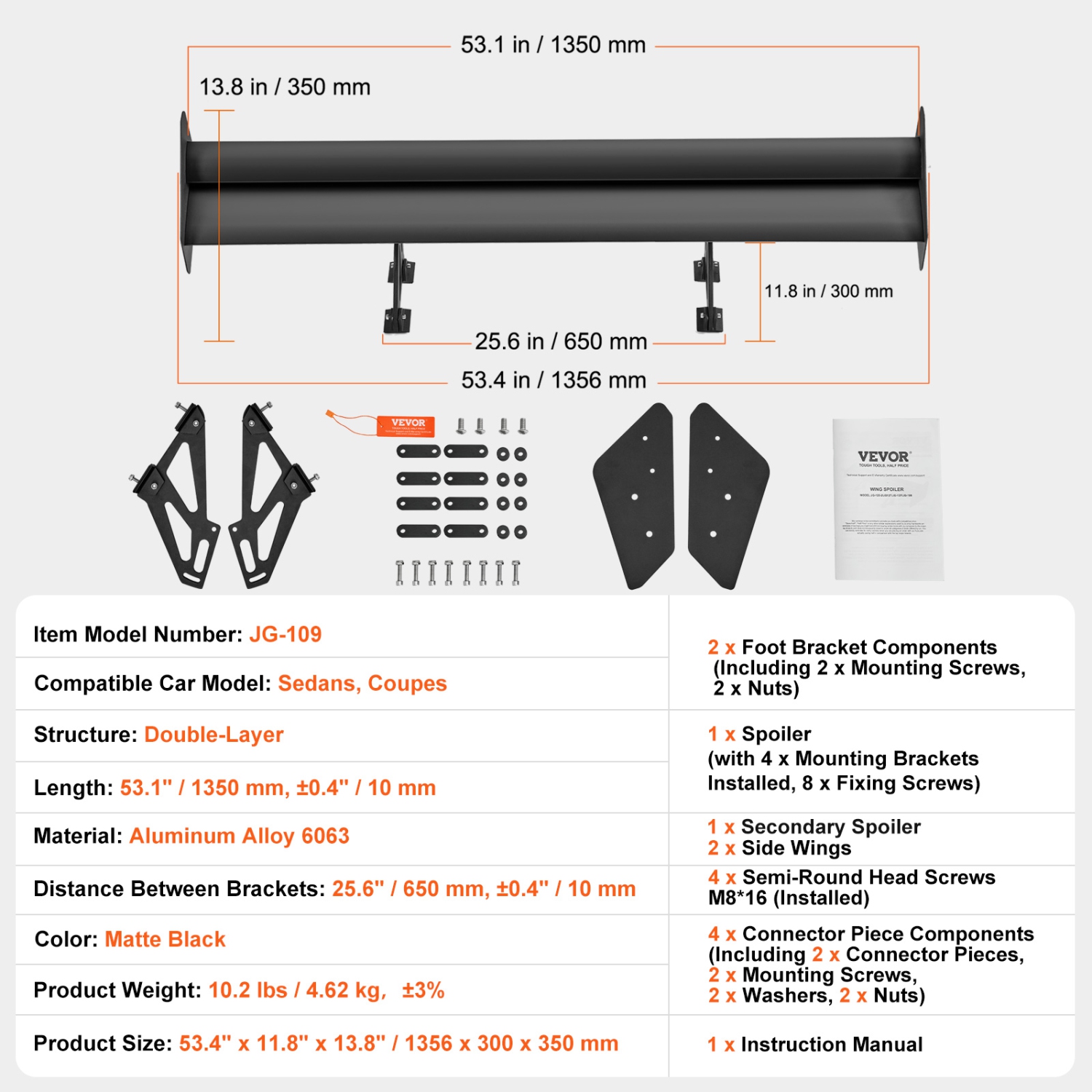 VEVOR 53.1 inch GT Wing Car Spoiler, Universal Spoiler with Double Deck, Adjustable Lightweight Aluminum, Car Rear Spoiler Wing, Racing Spoiler