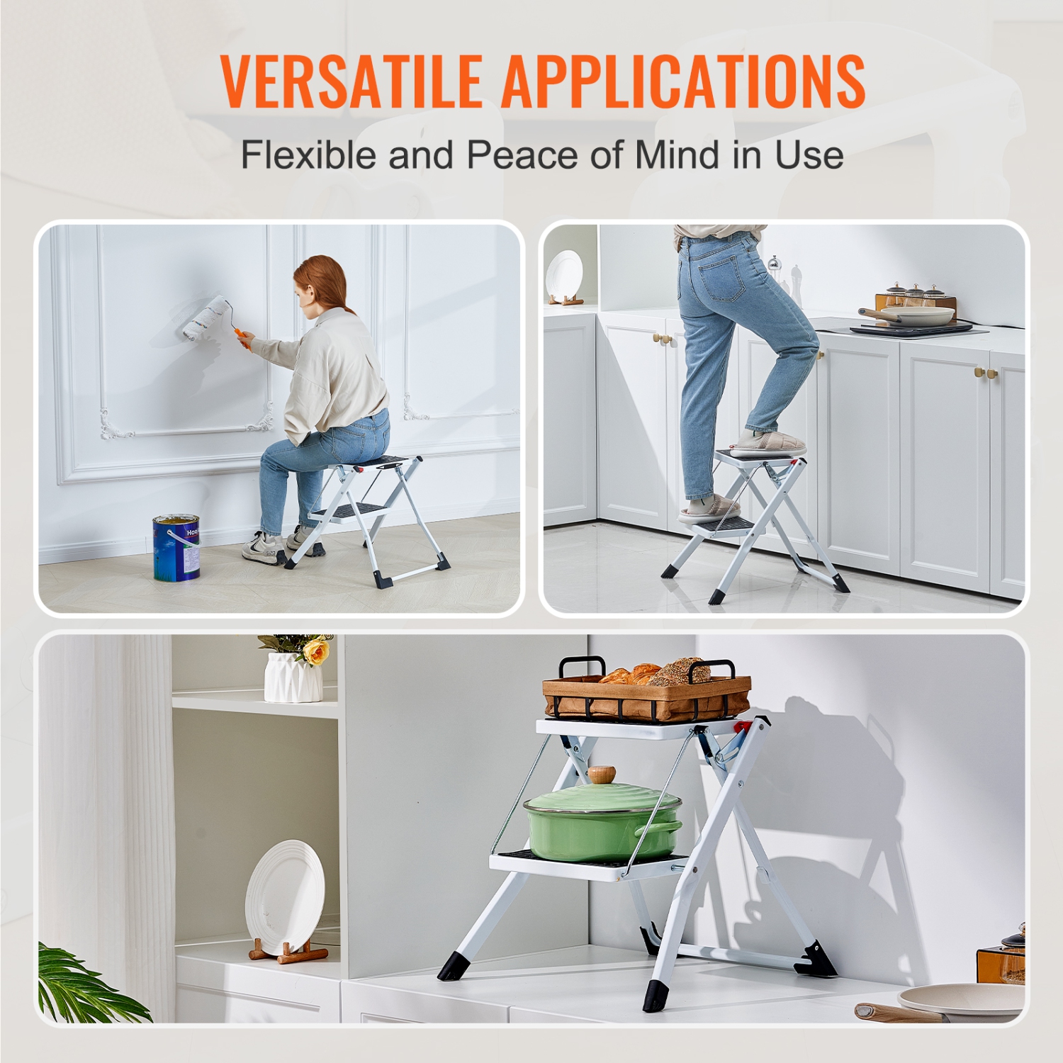 VEVOR 330lbs Capacity Step Ladder 2-Step ，Ergonomic Folding Steel Step Stool with Wide Anti-Slip Pedal, Sturdy Step Stool for Adults Toddlers,