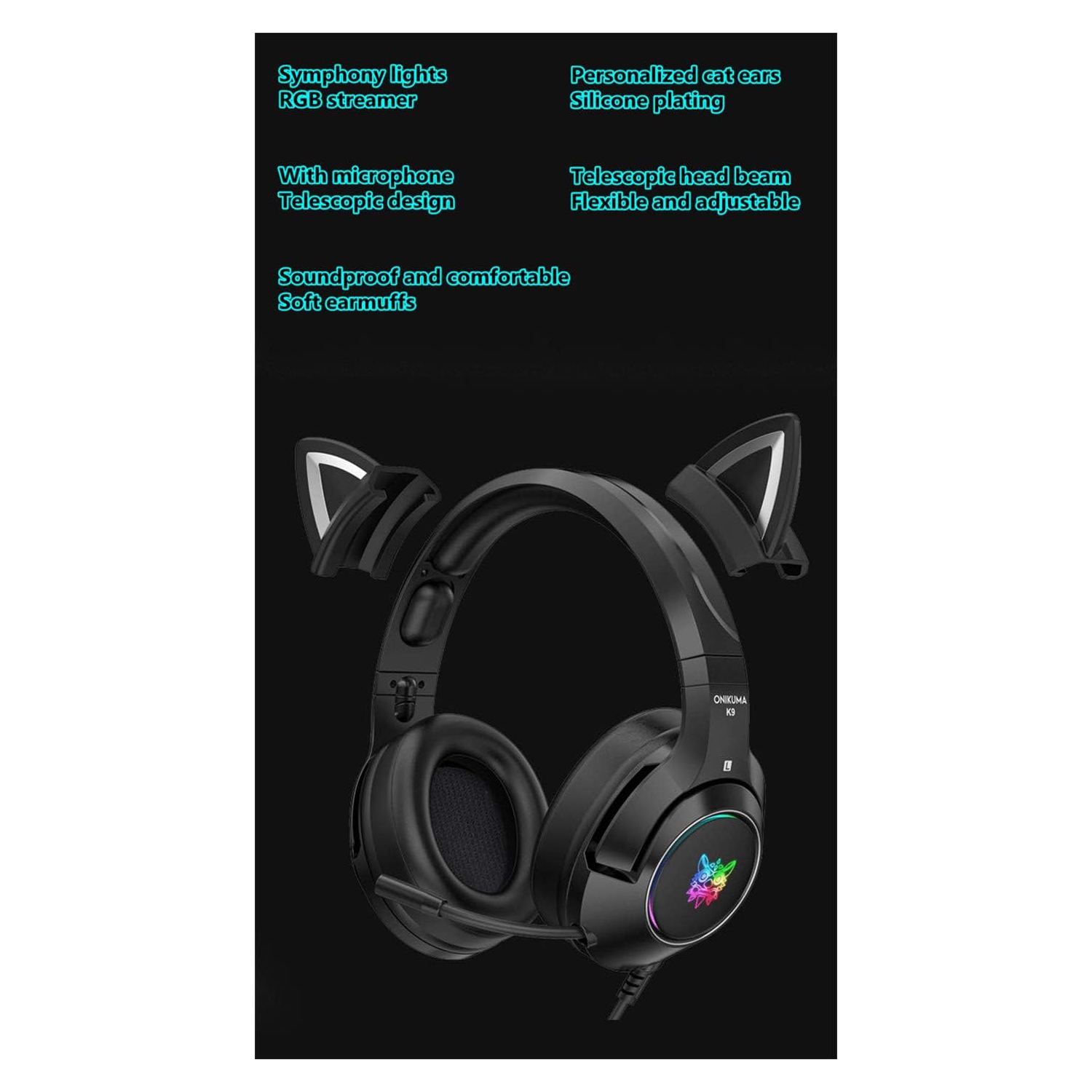 Casque de jeu K9 Cat EAR version noire antireflet | Pilote 50&nbsp;mm + microphone à réduction du bruit | Effet d'éclairage coloré RVB | Oreilles de