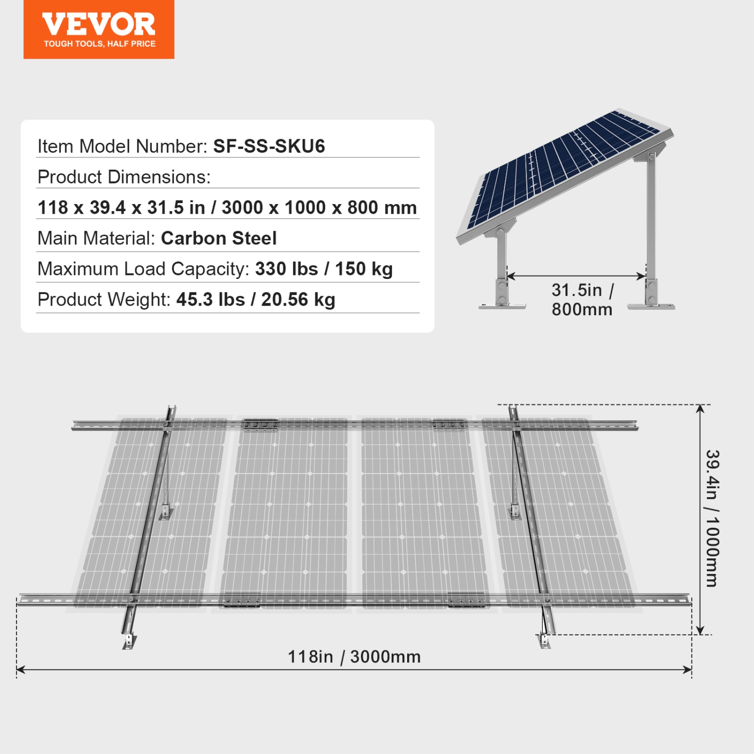 VEVOR 30°-60° Solar Panel Mounting Brackets, Adjustable Multi-Pieces Solar Panel Brackets for 1-4PCS Solar Panels, Carbon Steel Ground Mount Solar