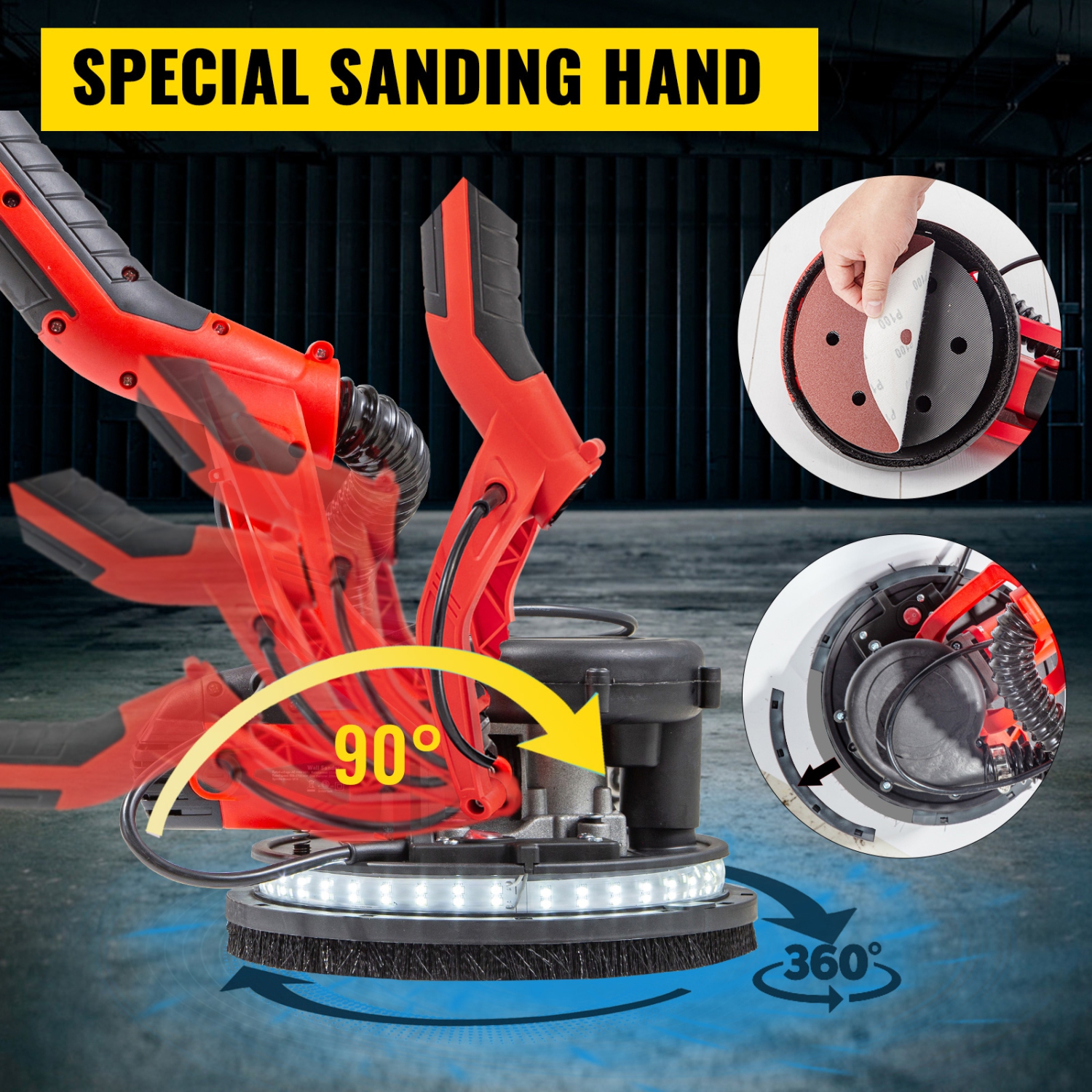 VEVOR 800-1750 RPM Drywall Sander 850W, Electric Drywall Sander, Foldable Sheetrock Sander, with Telescope Handle, Electric Sander, with LED Strip