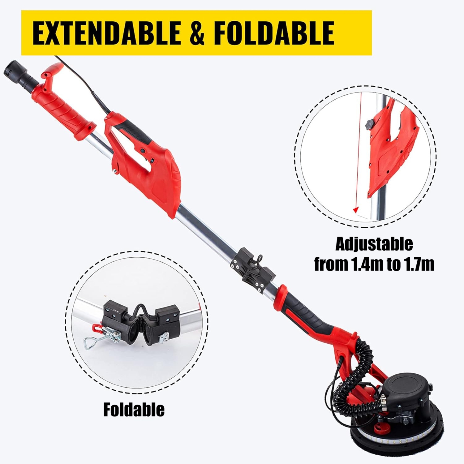 VEVOR 800-1750 RPM Drywall Sander 850W, Electric Drywall Sander, Foldable Sheetrock Sander, with Telescope Handle, Electric Sander, with LED Strip