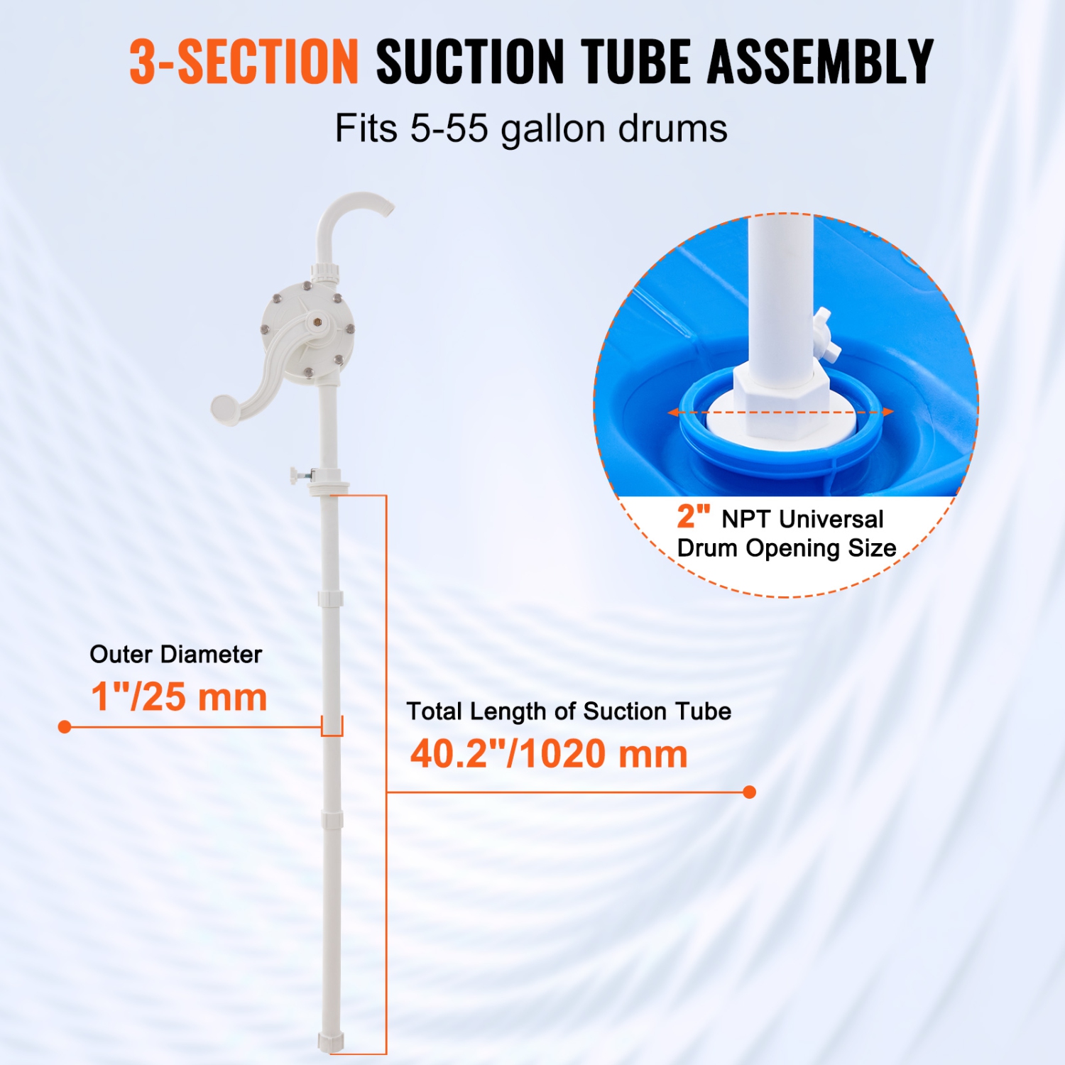 Débit VEVOR de 6,5 gal/min, pompe à baril, manivelle rotative, convient aux barils de 5 à 55 gallons avec tube d'aspiration à 3 sections et tuyau,