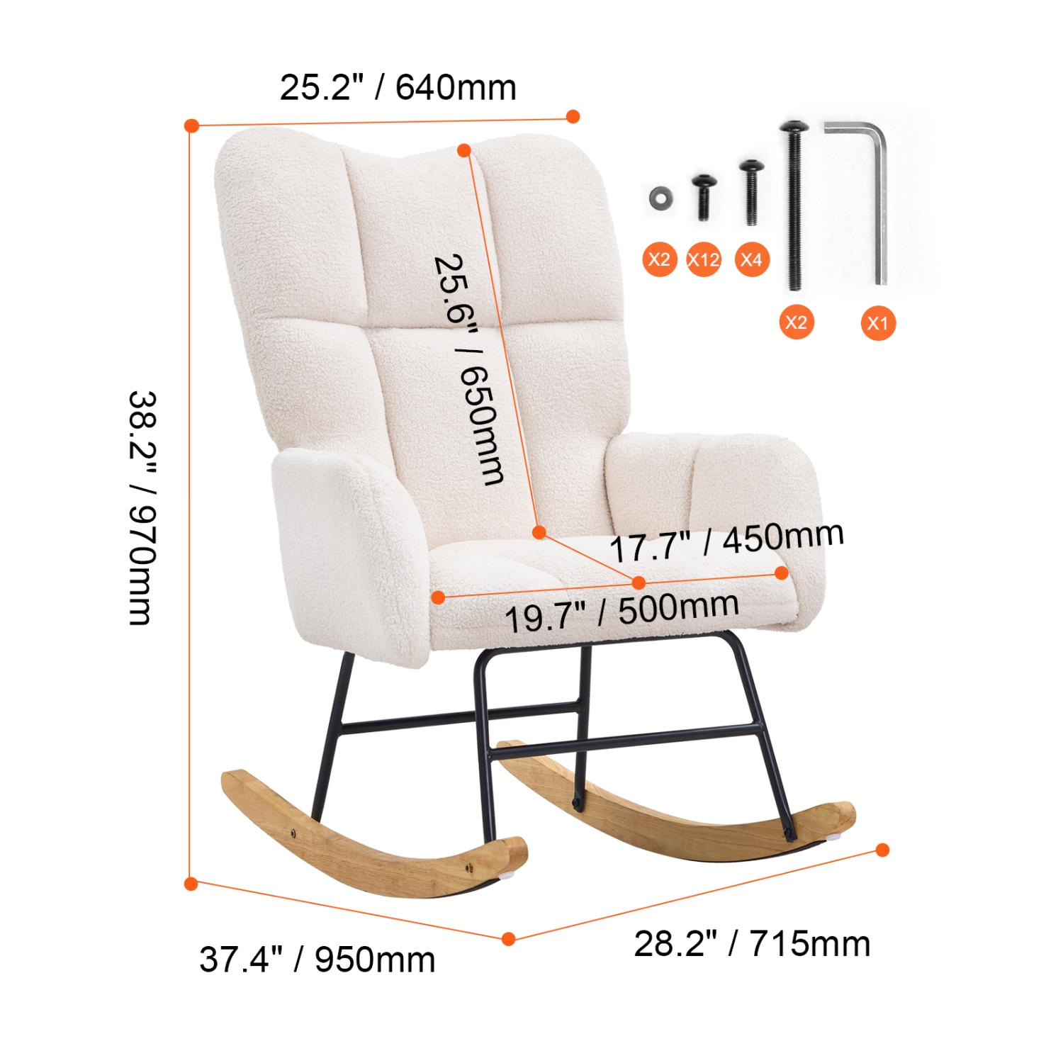 VEVOR 250 lbs Rocking Chair Nursery, Glider Rocking Chair with Soft Seat and High Backrest, Teddy Fabric, Upholstered Glider Rocker Chair for