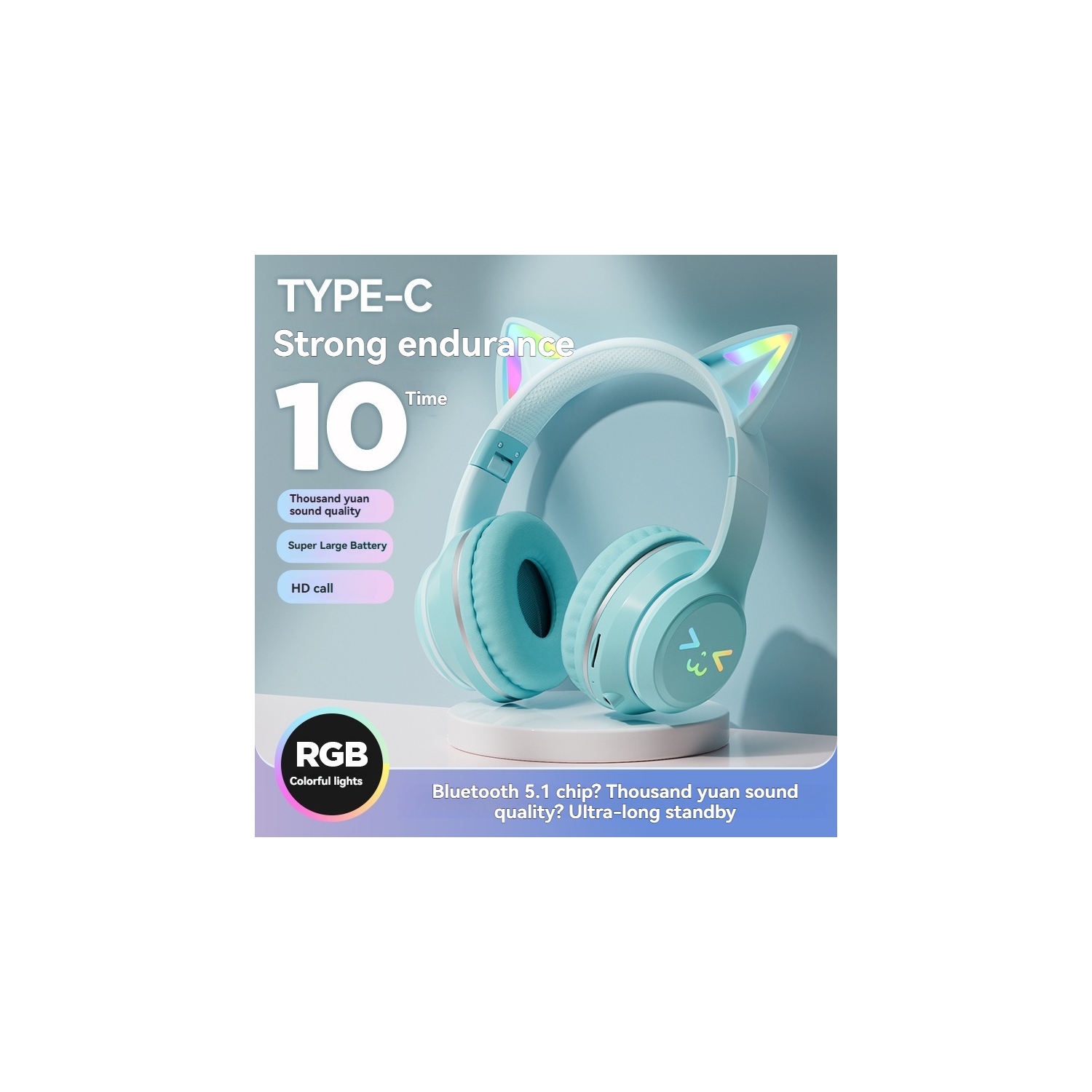 [Green gradient] Green gradient cat ear headset | 85dB safe volume | Protein leather earmuffs | Tablet/mobile phone compatible | Children's learning