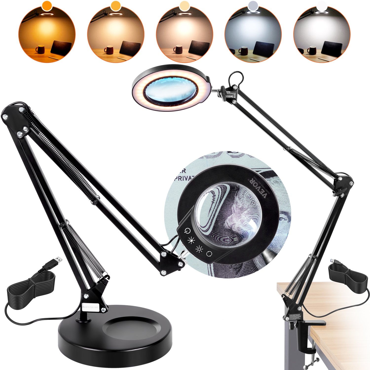 Lentille en verre de 4,3&nbsp;po VEVOR, loupe avec lampe et support, loupe 5x, loupe de bureau 2-en-1 avec lumière, 64 lumières LED 5 modes de