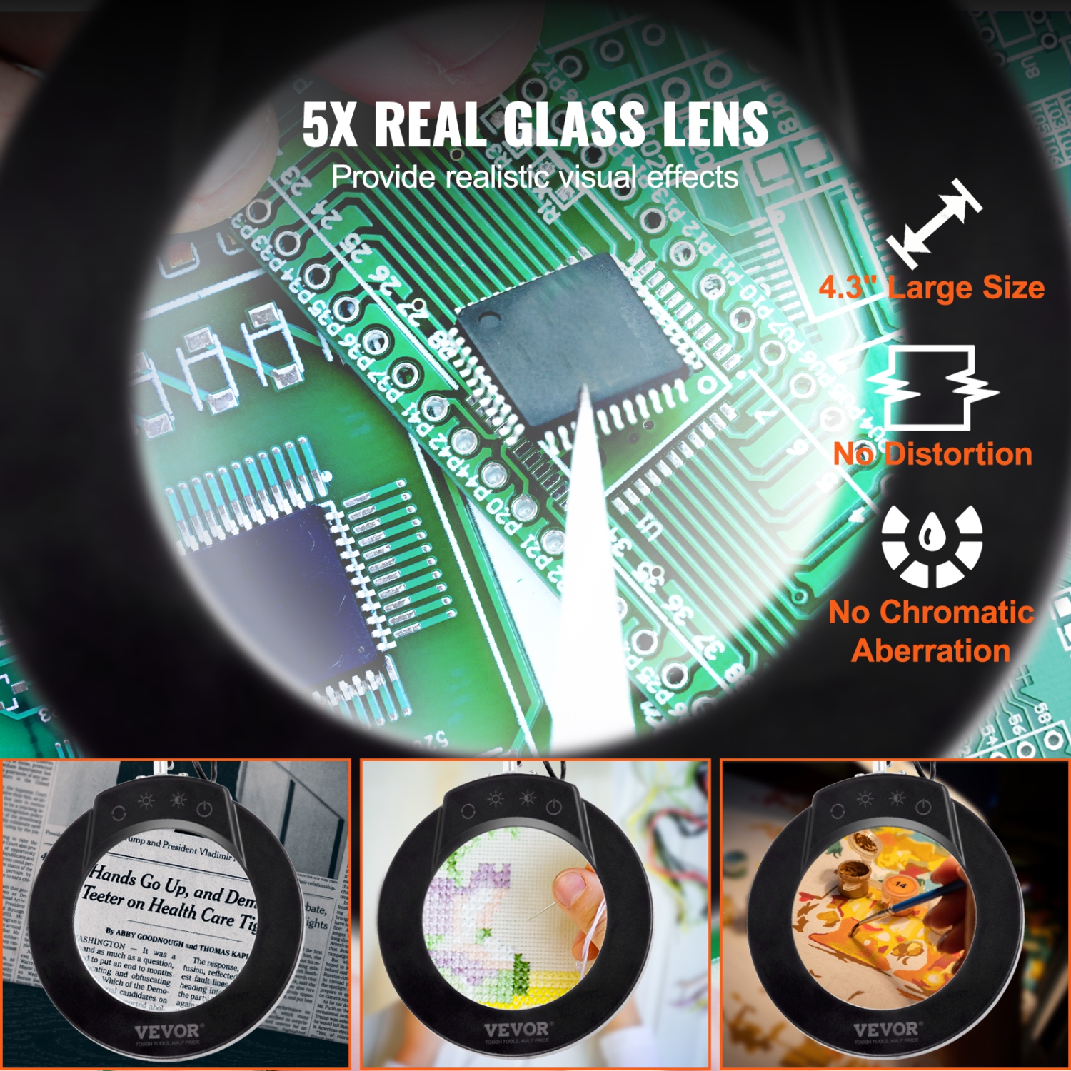 Lentille en verre de 4,3&nbsp;po VEVOR, loupe avec lampe et support, loupe 5x, loupe de bureau 2-en-1 avec lumière, 64 lumières LED 5 modes de
