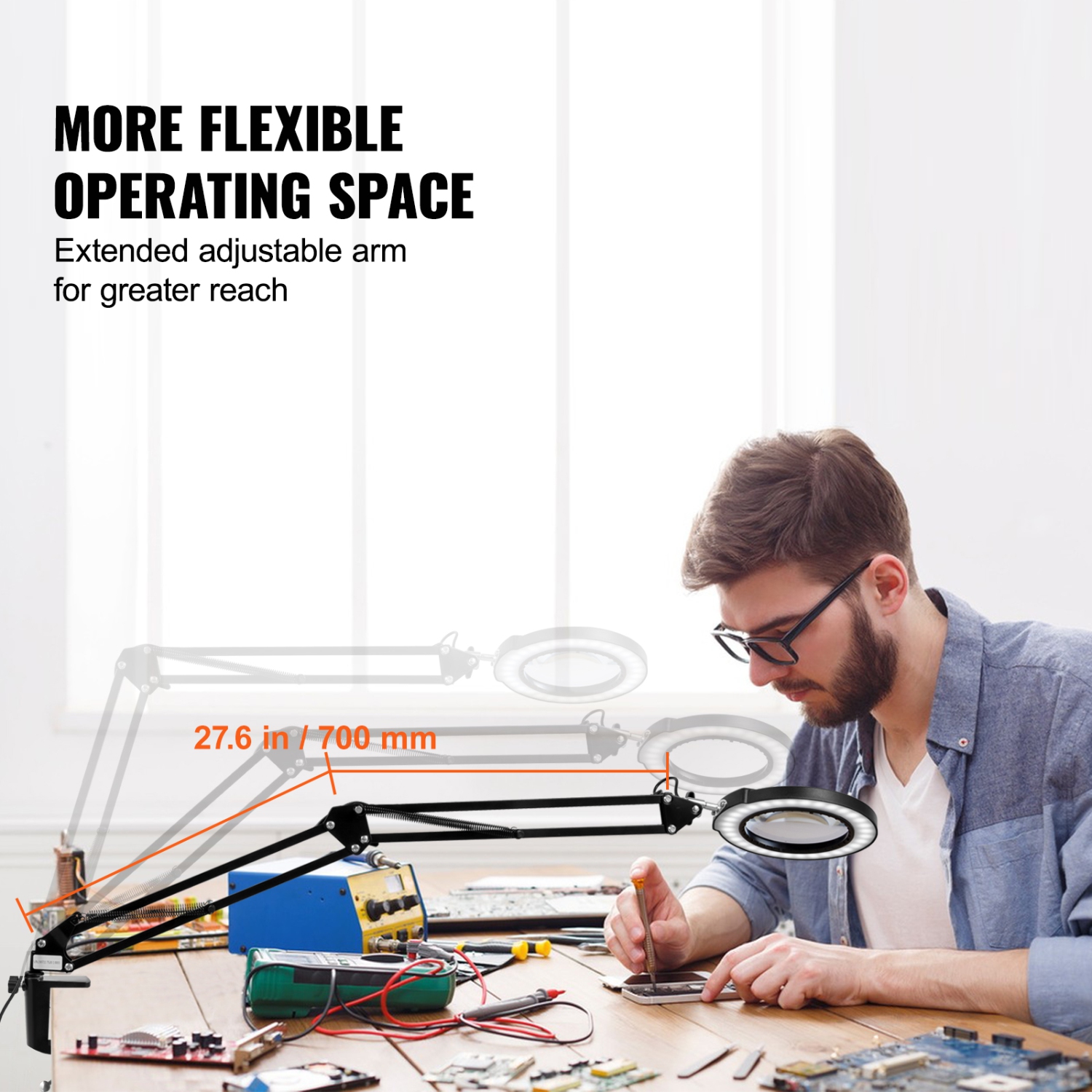 Lentille en verre de 4,3&nbsp;po VEVOR, loupe avec lampe et support, loupe 5x, loupe de bureau 2-en-1 avec lumière, 64 lumières LED 5 modes de