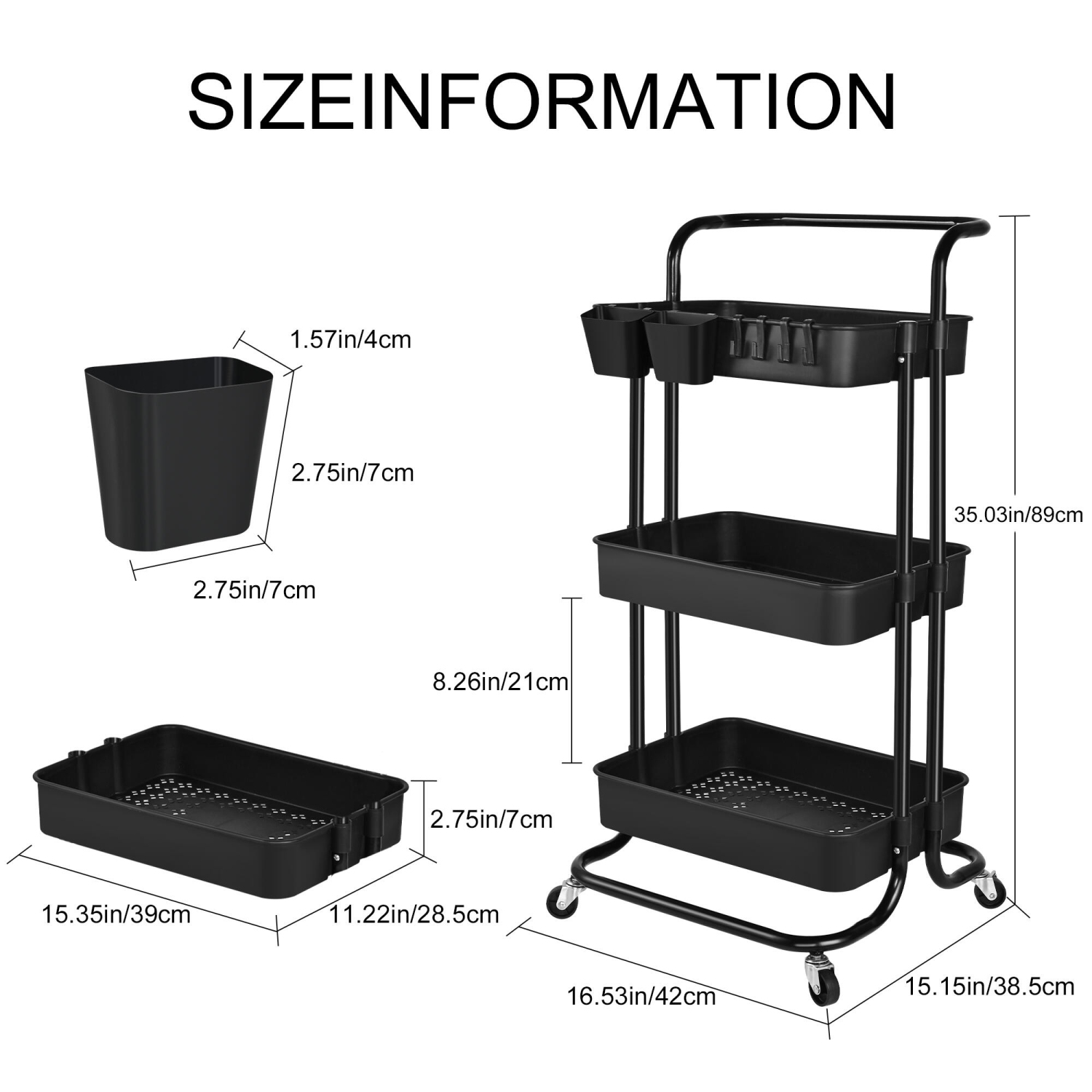 Chariot tout usage à roulettes en métal à 3 niveaux, chariot de rangement de cuisine avec 2 tasses de suspension supplémentaires et 4 crochets