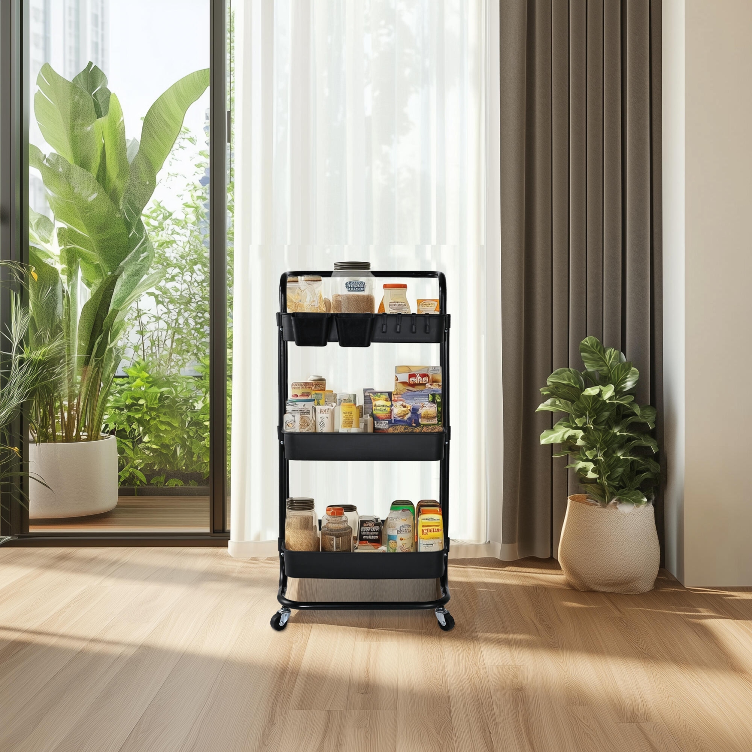 Chariot tout usage à roulettes en métal à 3 niveaux, chariot de rangement de cuisine avec 2 tasses de suspension supplémentaires et 4 crochets