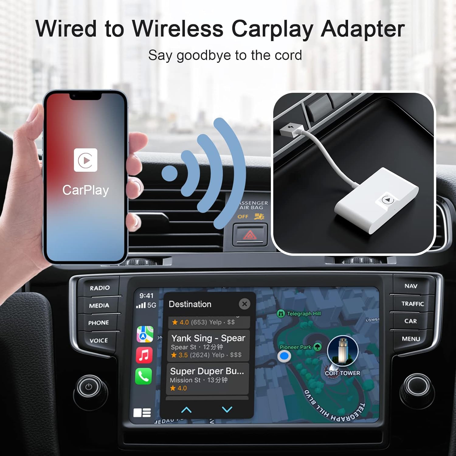 Wireless to Wired Adapter AI Magic Box, Add Apple CarPlay to Any Car, Portable, Bluetooth Low Latency, Easy to Install, Plug and Play