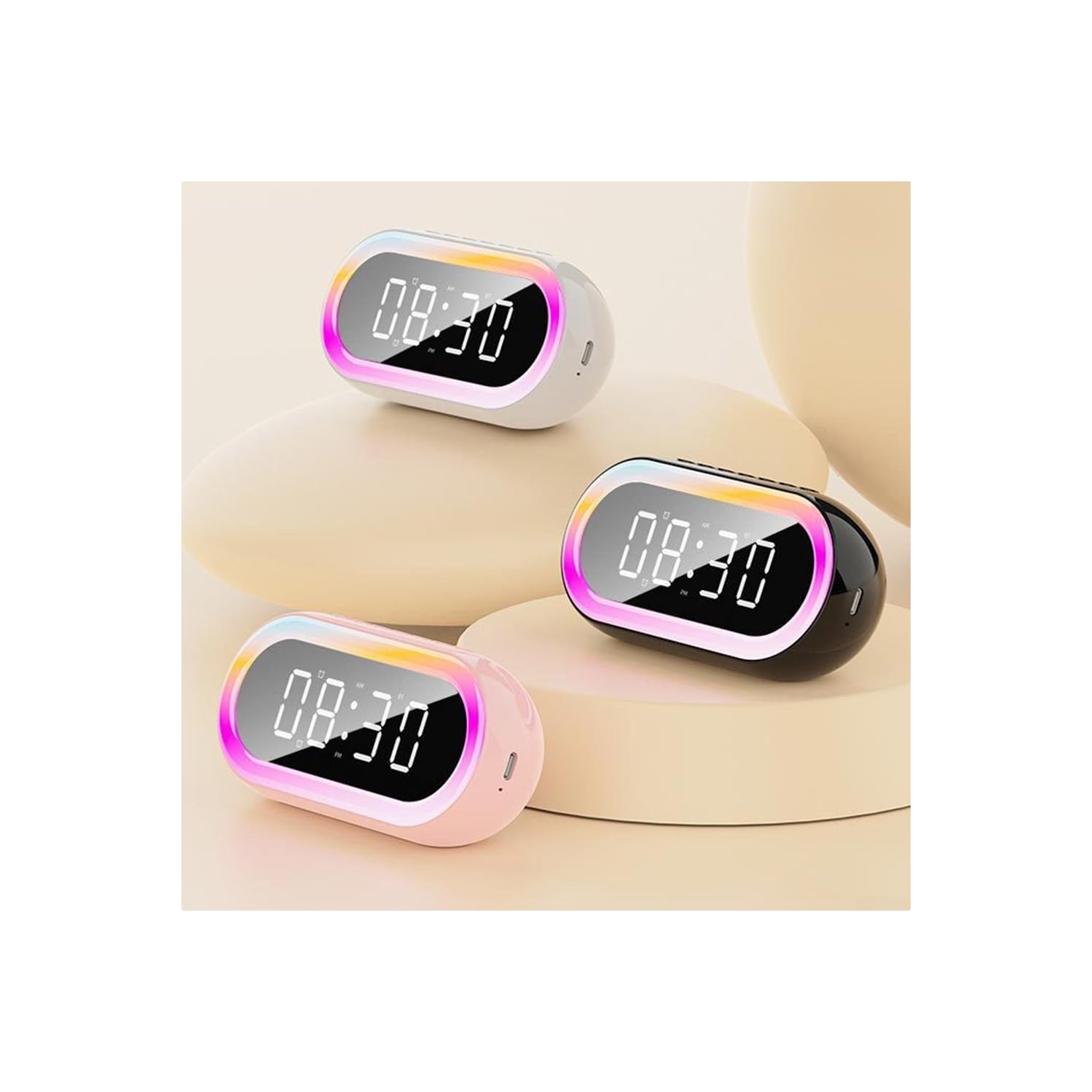 Modern digital alarm clock with RGB night light RGB mood light stereo surround sound colorful HD speakers