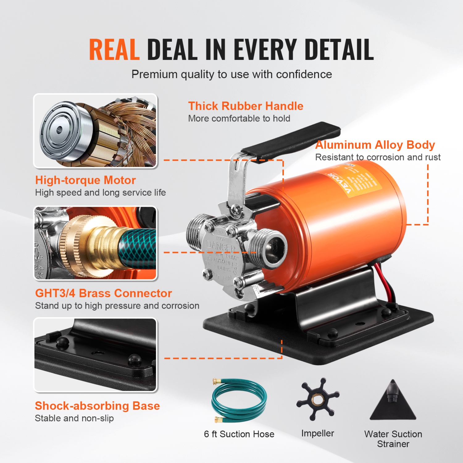 VEVOR 12V DC 360 GPH 1/10HP Water Transfer Pump, Portable Electric Utility Pump with 6 ft Suction Hose Kit, Impeller, Suction Strainer, for Garden,