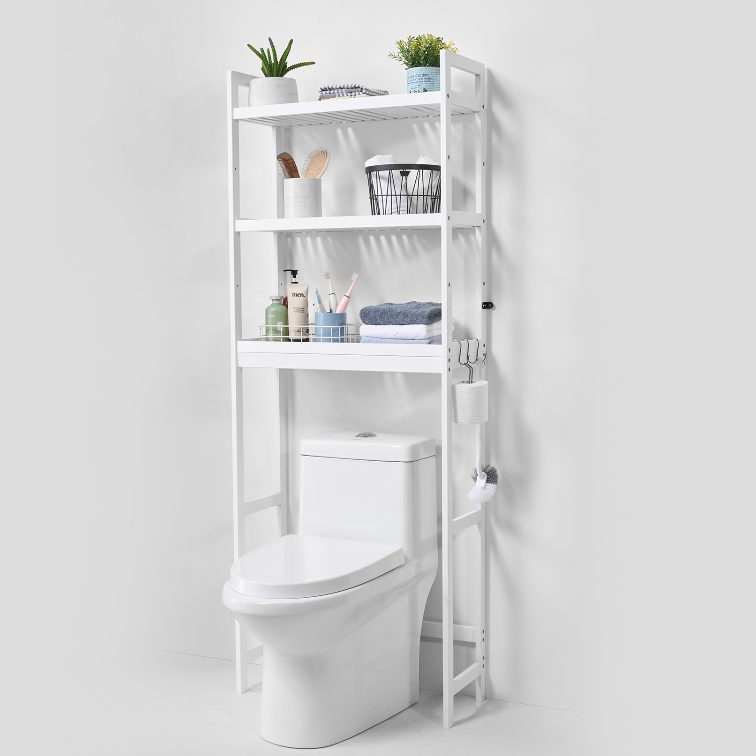 VEVOR 3-Tier Over the Toilet Storage, Adjustable Over Toilet Bathroom Organizer, Bamboo Storage Shelf Rack with 3 Hooks, Freestanding Laundry Space