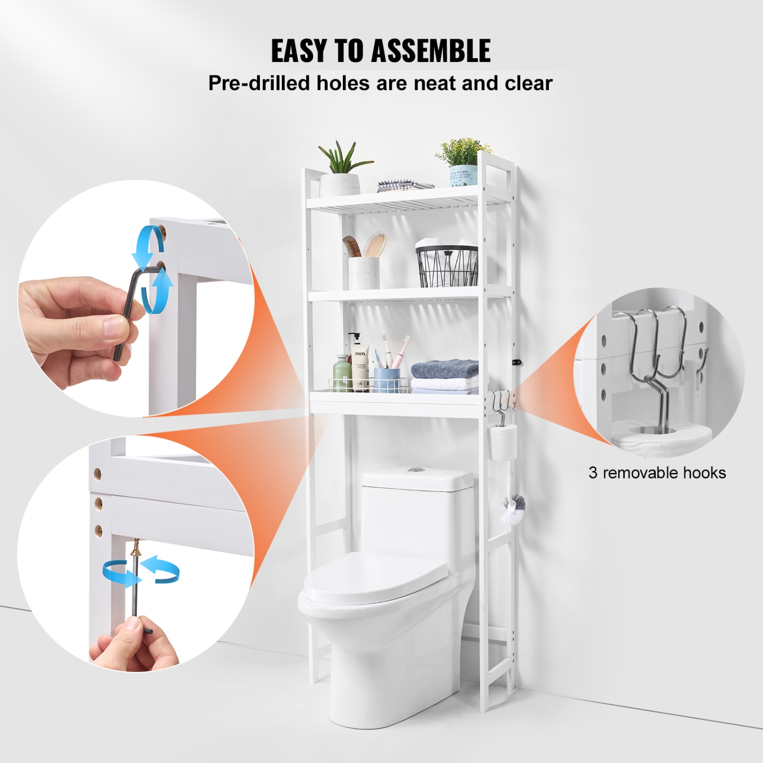 VEVOR 3-Tier Over the Toilet Storage, Adjustable Over Toilet Bathroom Organizer, Bamboo Storage Shelf Rack with 3 Hooks, Freestanding Laundry Space