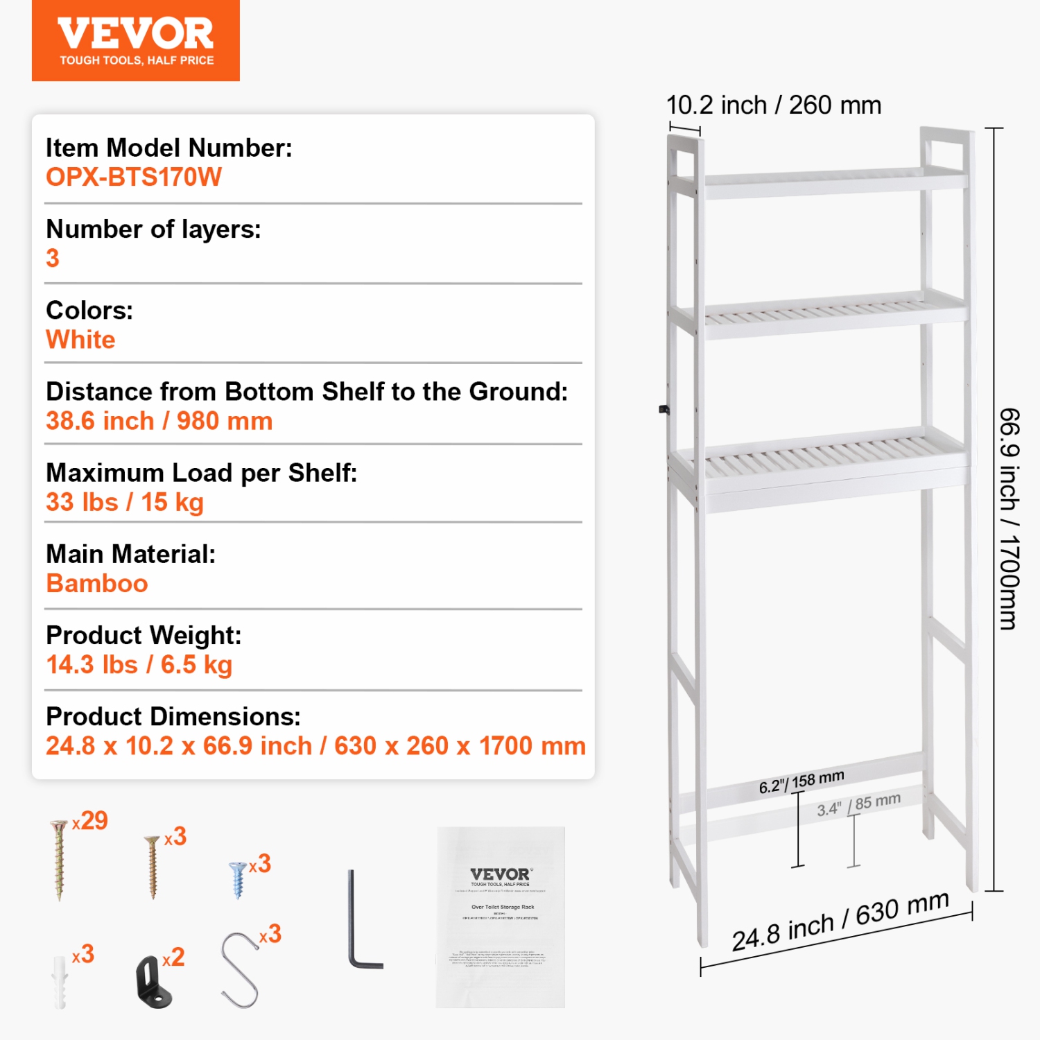 VEVOR 3-Tier Over the Toilet Storage, Adjustable Over Toilet Bathroom Organizer, Bamboo Storage Shelf Rack with 3 Hooks, Freestanding Laundry Space