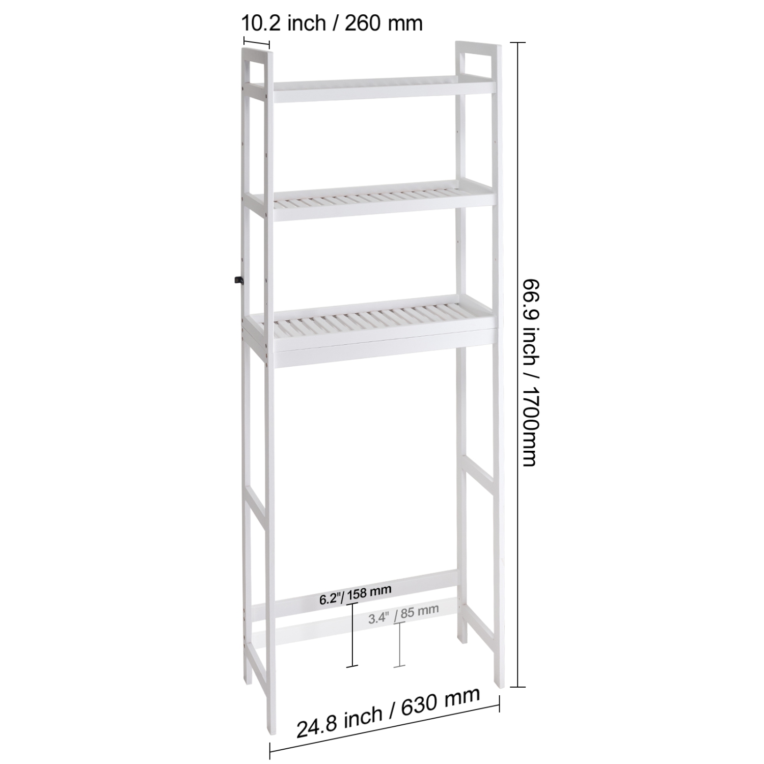 VEVOR 3-Tier Over the Toilet Storage, Adjustable Over Toilet Bathroom Organizer, Bamboo Storage Shelf Rack with 3 Hooks, Freestanding Laundry Space