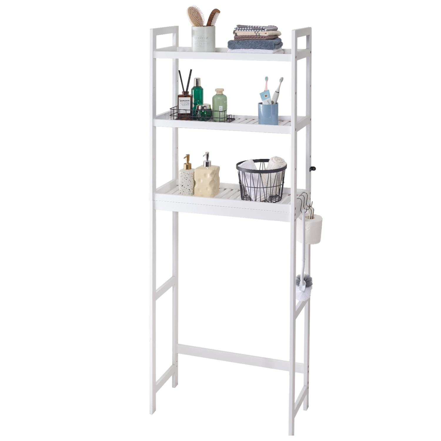 VEVOR 3-Tier Over the Toilet Storage, Adjustable Over Toilet Bathroom Organizer, Bamboo Storage Shelf Rack with 3 Hooks, Freestanding Laundry Space