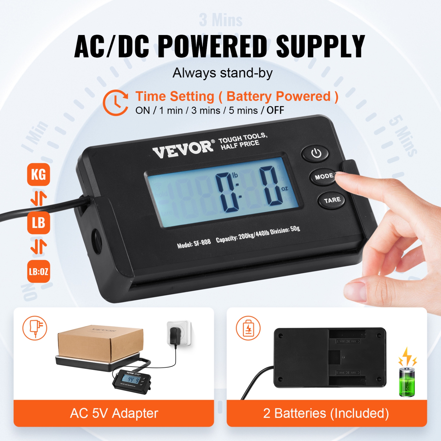VEVOR 440 lbs x 1.7 oz. Digital Shipping Scale, Heavy Duty Postal Scale with Timer, Tare Function, HD LCD Screen Portable Package Scale for Luggage,