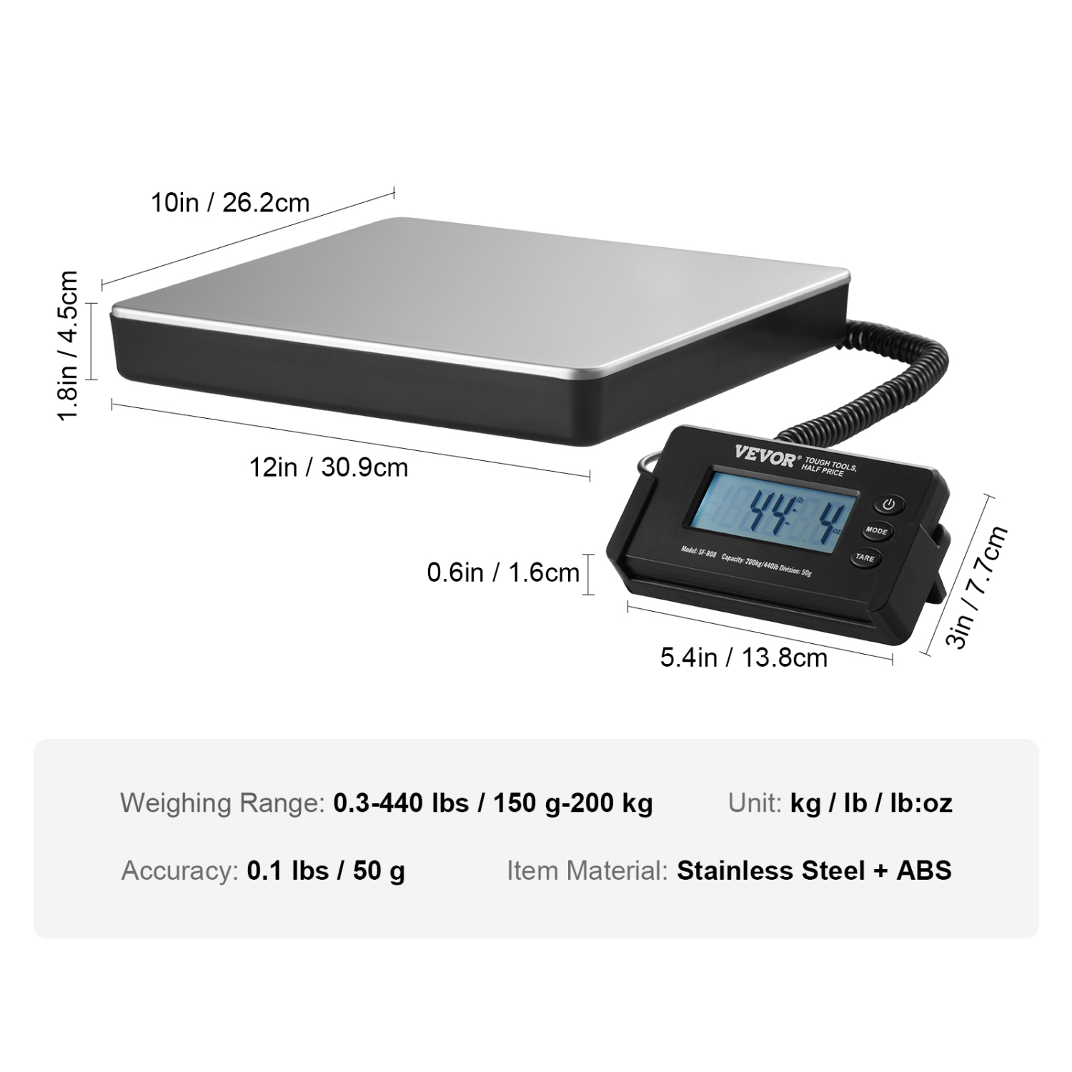 VEVOR 440 lbs x 1.7 oz. Digital Shipping Scale, Heavy Duty Postal Scale with Timer, Tare Function, HD LCD Screen Portable Package Scale for Luggage,