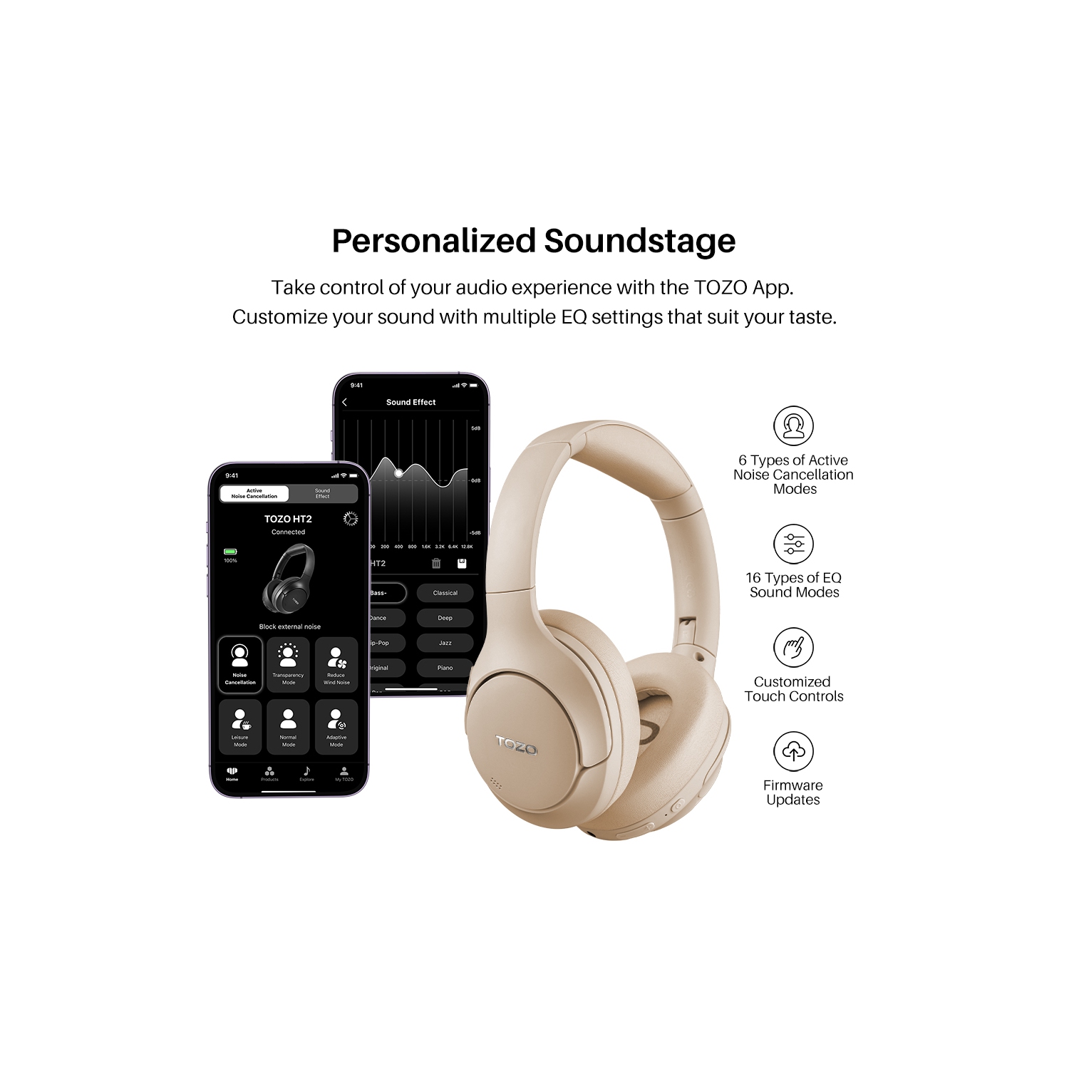 TOZO HT2 Hybrid Active Noise Cancelling Headphones, Wireless Over Ear Bluetooth Headphones, 60H Playtime, Hi-Res Audio Custom EQ via App Deep Bass