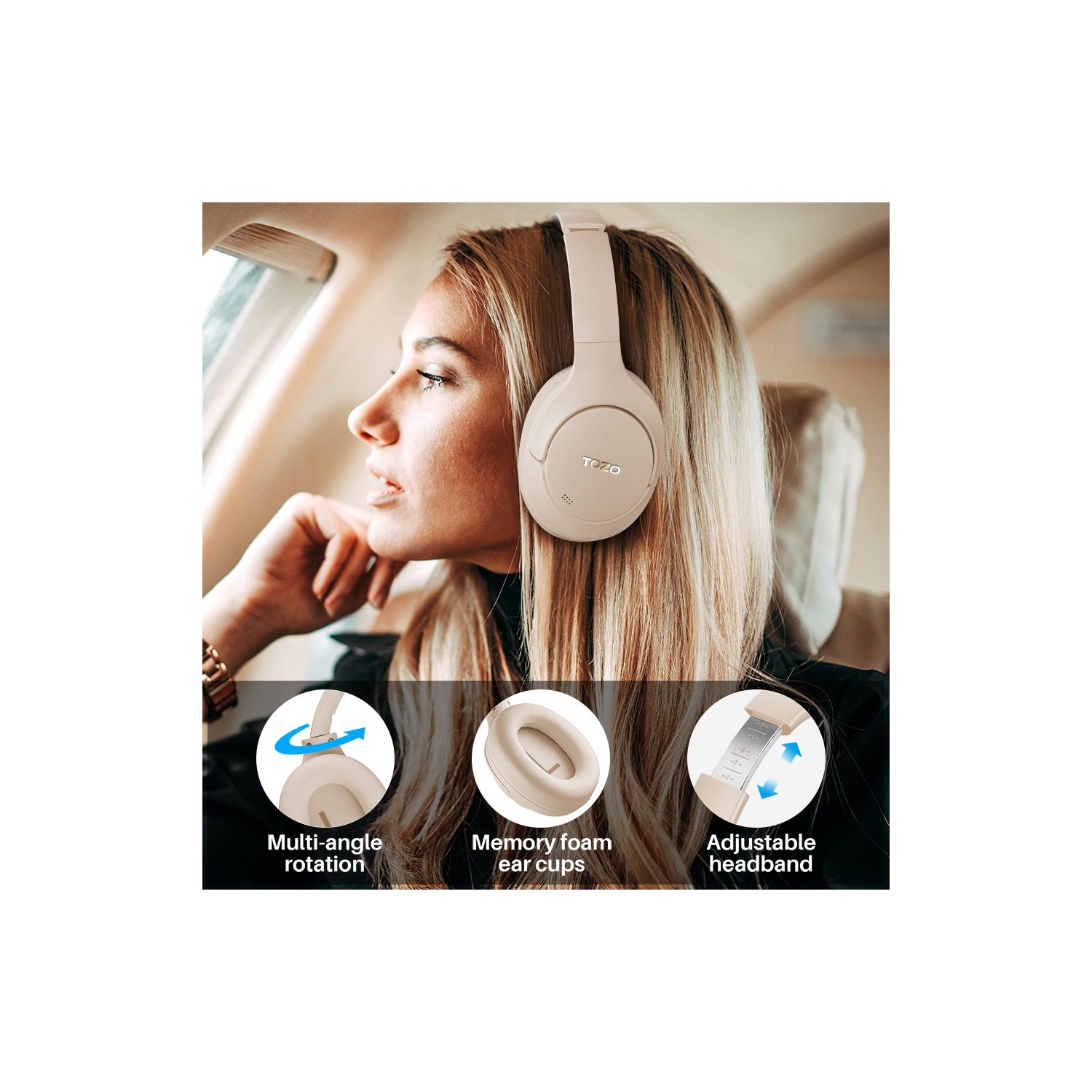TOZO HT2 Hybrid Active Noise Cancelling Headphones, Wireless Over Ear Bluetooth Headphones, 60H Playtime, Hi-Res Audio Custom EQ via App Deep Bass